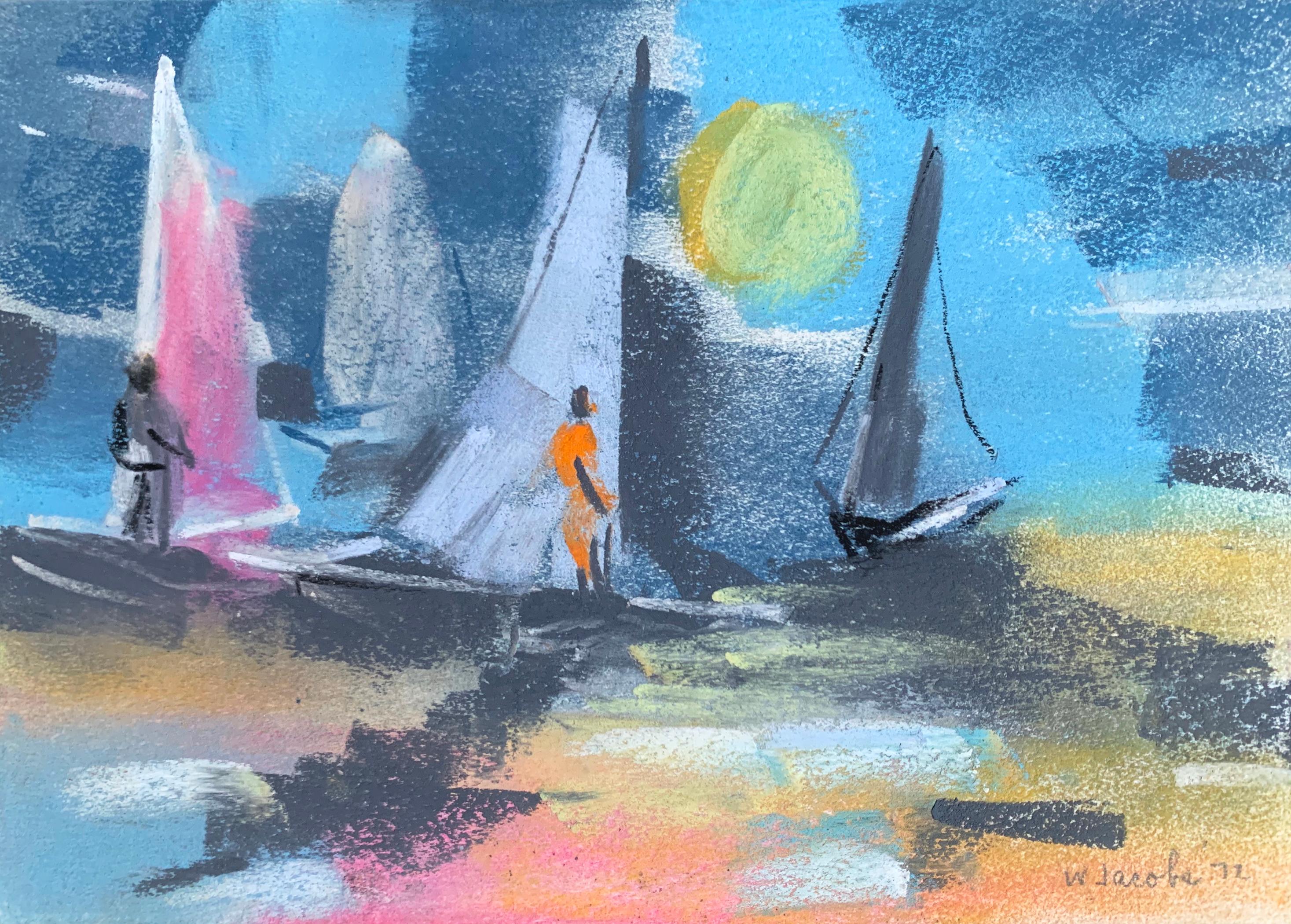 William Jacobs « Wind surfing at Sunset » (Surfant au coucher du soleil), pastel original sur papier