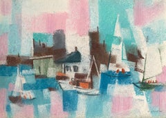 « Sailboats in Harbor » de William Jacobs, pastel original sur papier