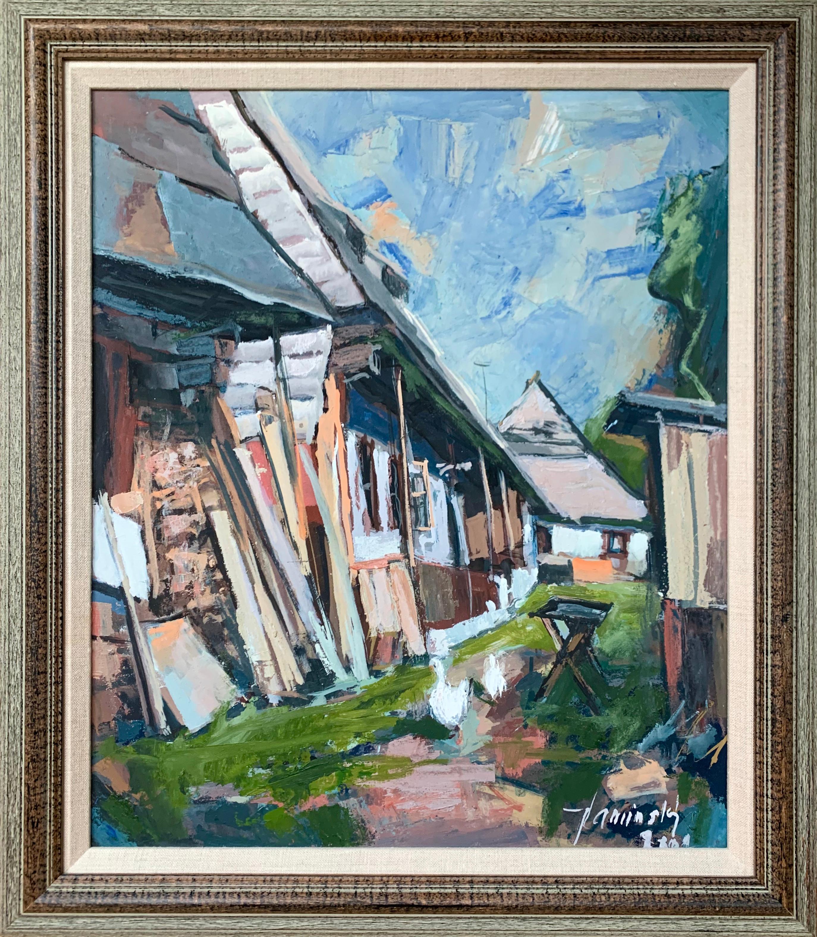 "Scène de village" du peintre slovaque Jozef Kaminsky est une huile sur panneau post-impressionniste représentant une scène de village rural.

Jozef Kaminsky est un peintre slovaque contemporain, né en 1949, dont les thèmes de prédilection sont les