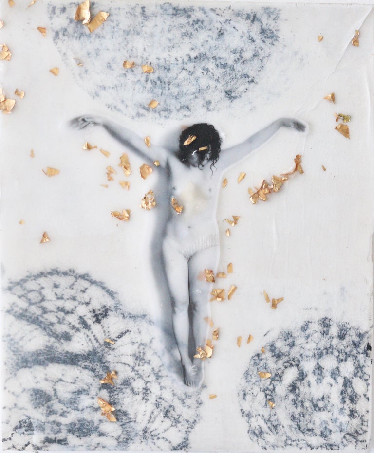 "Santa Giulia" by contemporary Italian artist Camilla Marinoni is a mixed media piece on wood covered with wax representing the artist crucified, a modern version of Santa Giulia of Corsica. The artwork is a commentary on the struggle of women over