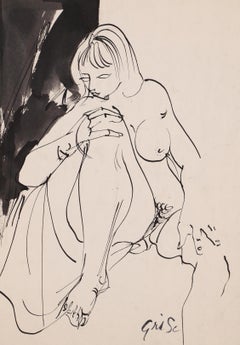 Hendrik Grise "Untitled", seated nude figure - original ink wash on paper