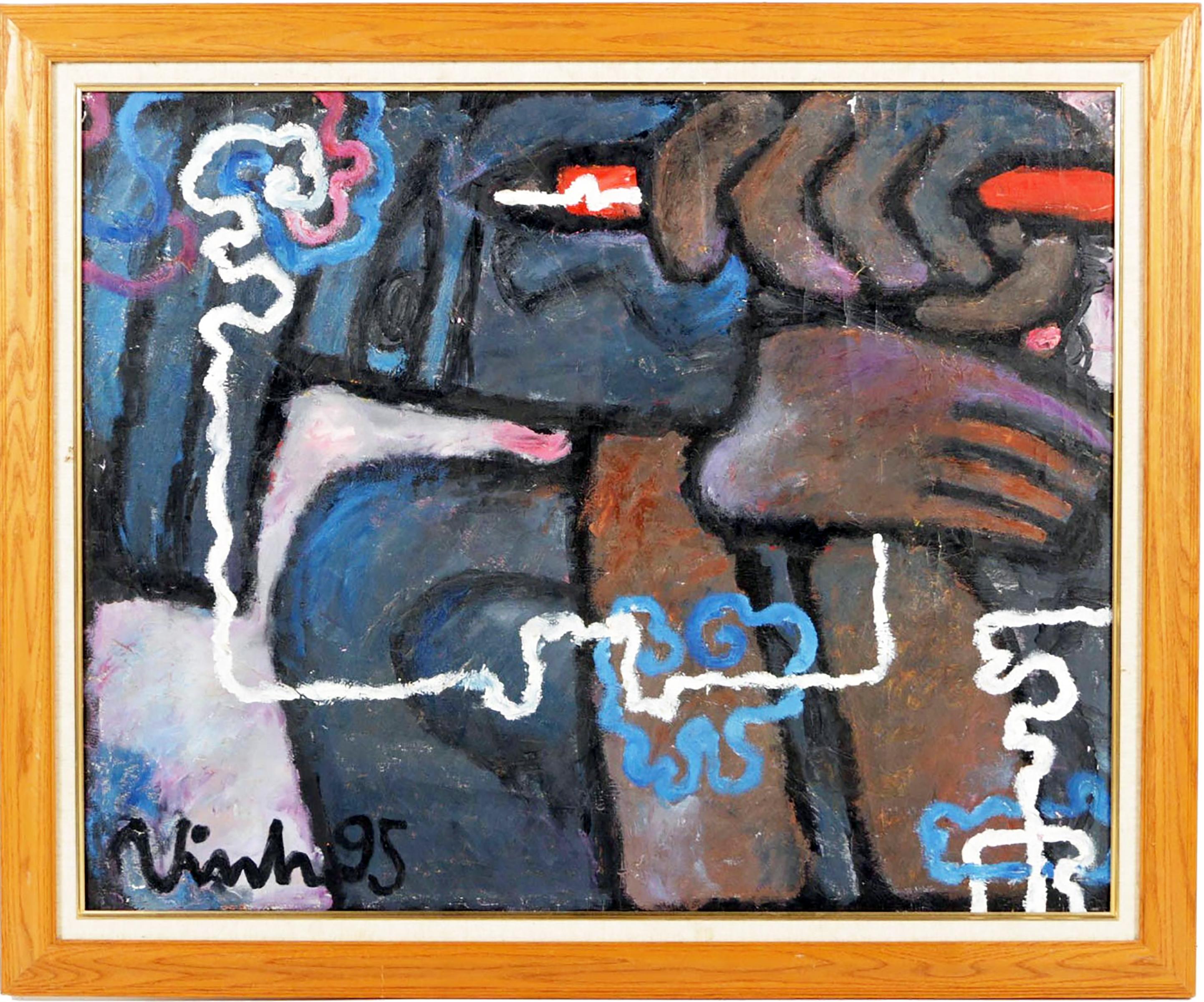 "Ohne Titel" ist ein vom abstrakten Expressionismus inspiriertes Gemälde des zeitgenössischen vietnamesischen Künstlers Pham Quang Vihn aus dem Jahr 1995. Das Kunstwerk ist unten links in schwarzer Farbe signiert und datiert. Craquelure vorhanden,