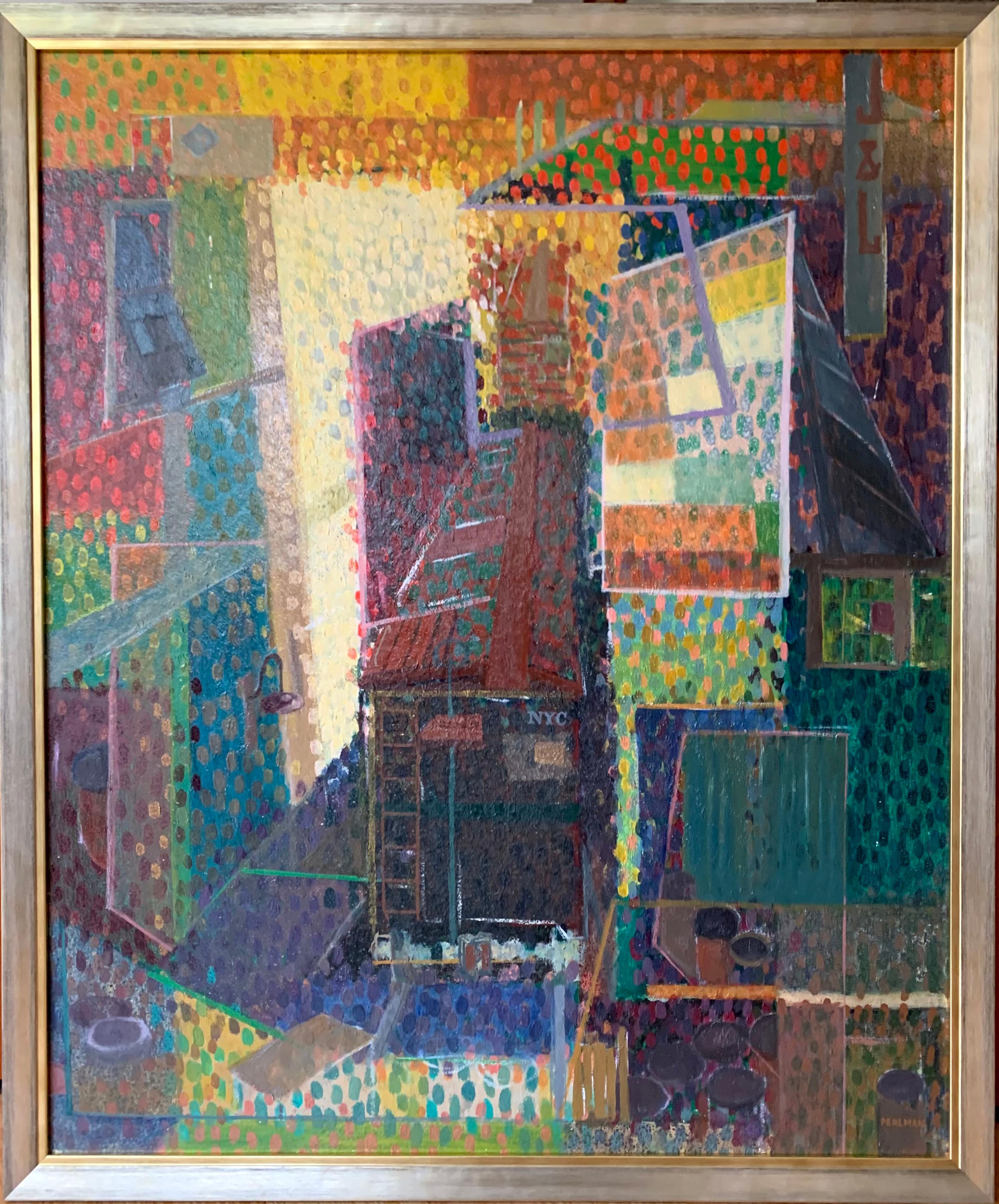 "Pointillistic Cityscape" est une peinture à l'huile moderniste sur panneau réalisée, comme le titre l'indique, dans un style pointilliste libre par l'artiste américain Bennard Perlman à la fin des années 60. L'œuvre est encadrée dans un cadre en