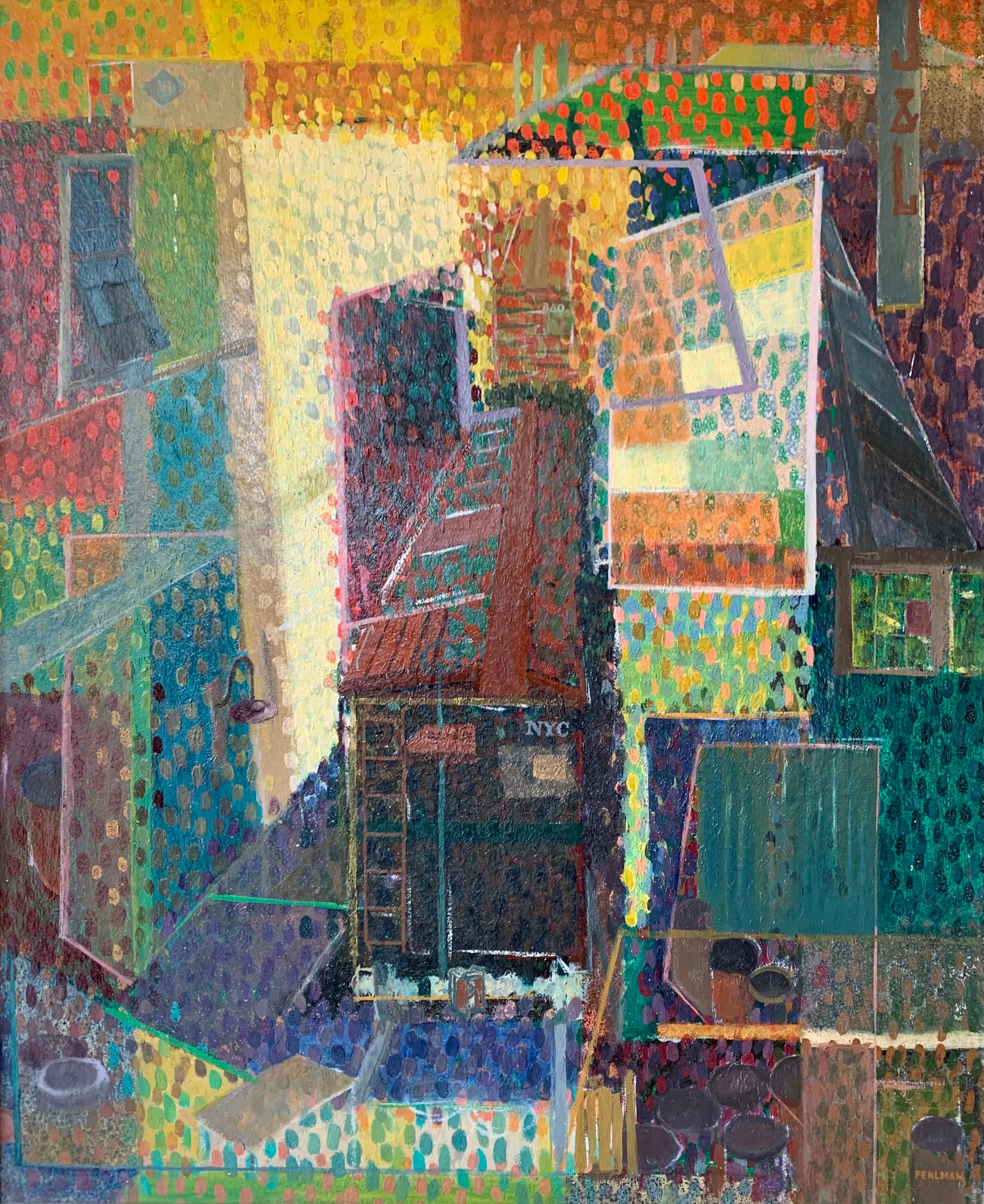 Bennard Perlman « Paysage urbain pointilliste », huile sur carton en vente 1