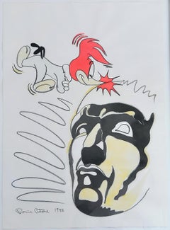 Vintage Ronnie Cutrone, "Woody and Mask", graphite and watercolor on paper