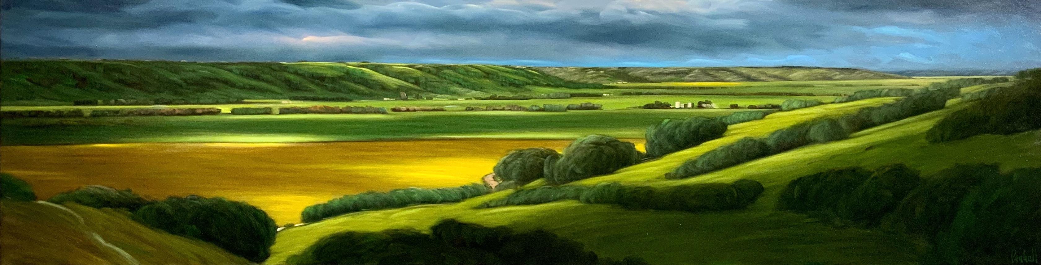 This contemporary, traditional, Prairie landscape painting, depicts the beautiful canola fields. 

Ross Penhall is a disciplined and prolific artist who has exhibited annually since 1995.  His works, and the incredible attention they receive, enter