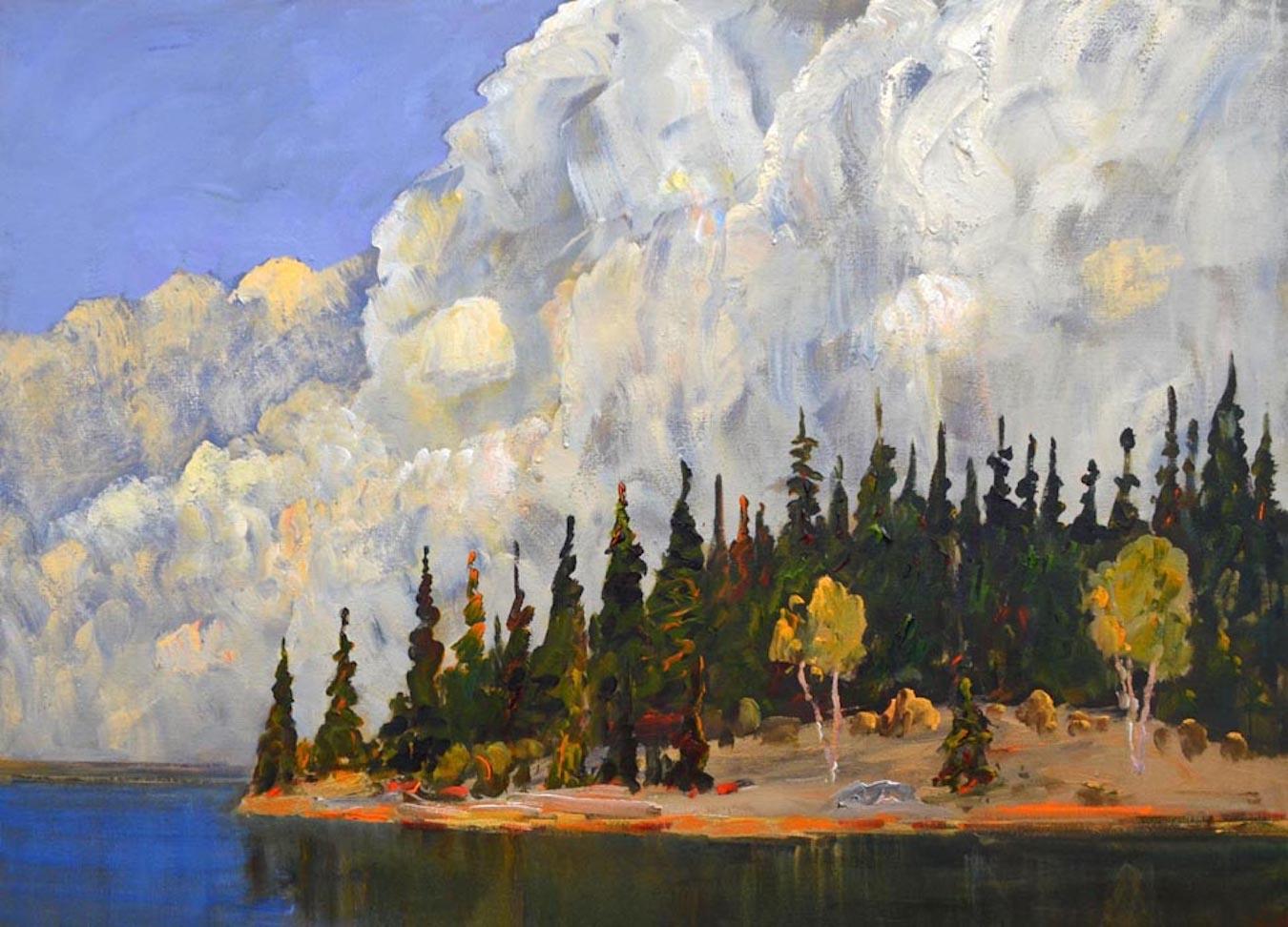 Gregory Hardy Landscape Painting - "Dark Island, " Modern, Summer Landscape, Acrylic Painting