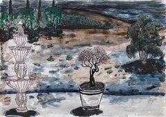 Fountain and Potted Plant, Contemporary, landscape, Watercolour on Paper