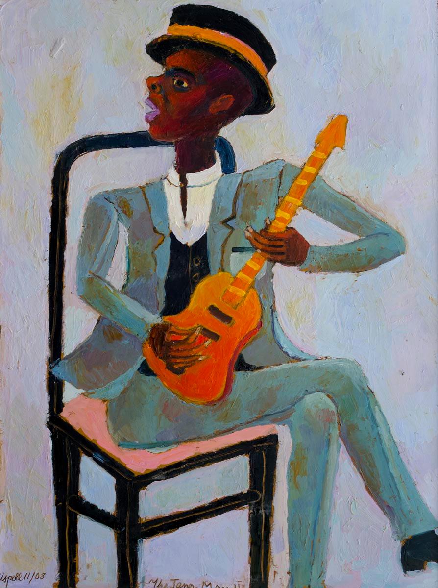Peter Aspell Figurative Painting - The Jazz Man 3, Playful Contemporary, Oil Painting on Board