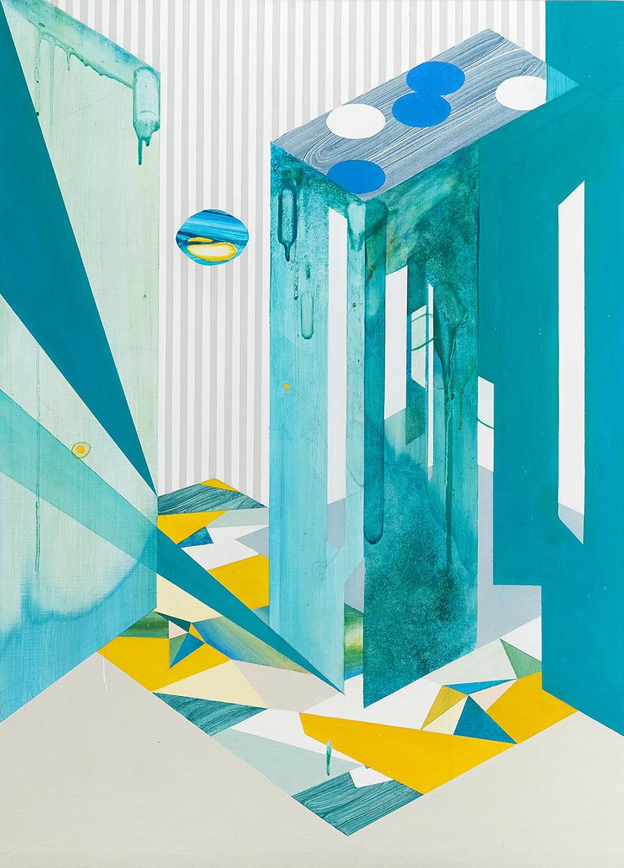 Mira Song Abstract Painting - Moon Viewing Platform_City, Abstract, Geometric, Cityscape, Teal Painting 