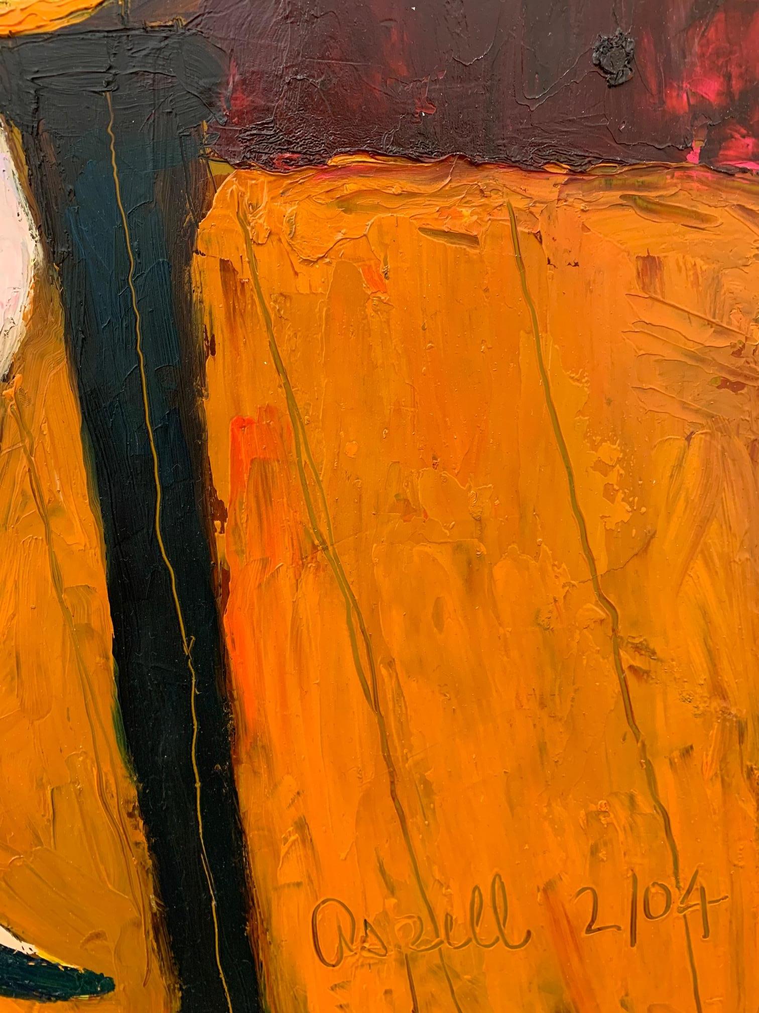 This contemporary, figurative, portrait depicts a young, woman with rosy cheeks, sitting in a chair, holding a delicate, butterfly. The canvas is full of texture and pigment movement by the artist, Peter Aspell, and framed in a white frame with a