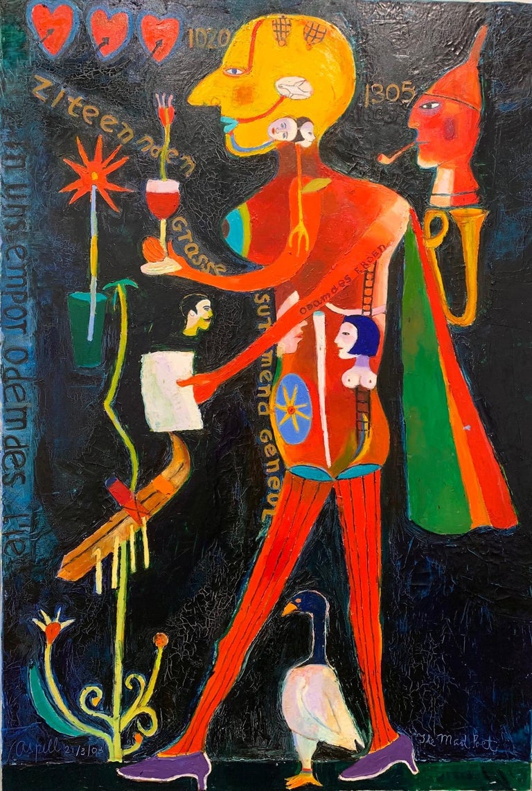 This bold, abstract expression, Surreal painting by Peter Apsell, depicts a walking figure, with various words and objects swirling around him. 

A passionate and devoted artist, Aspell was born in Vancouver in 1918 and passed in 2004, at the age of