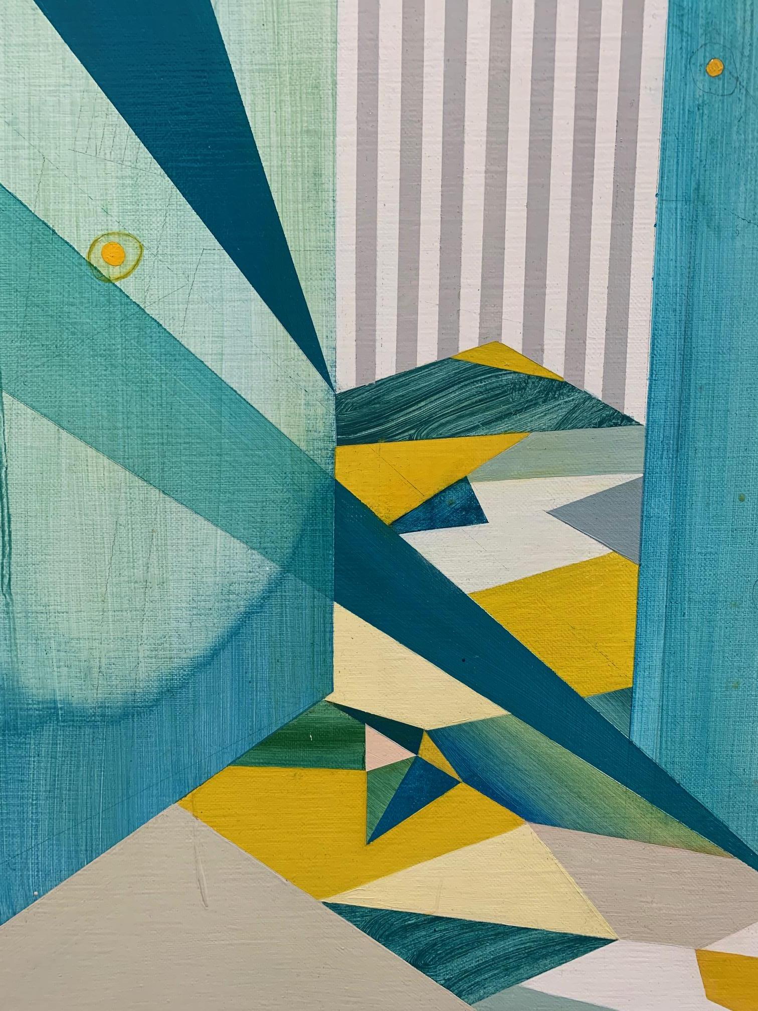 Moon Viewing Platform_City, Abstract, Geometric, Cityscape, Teal Painting  For Sale 1