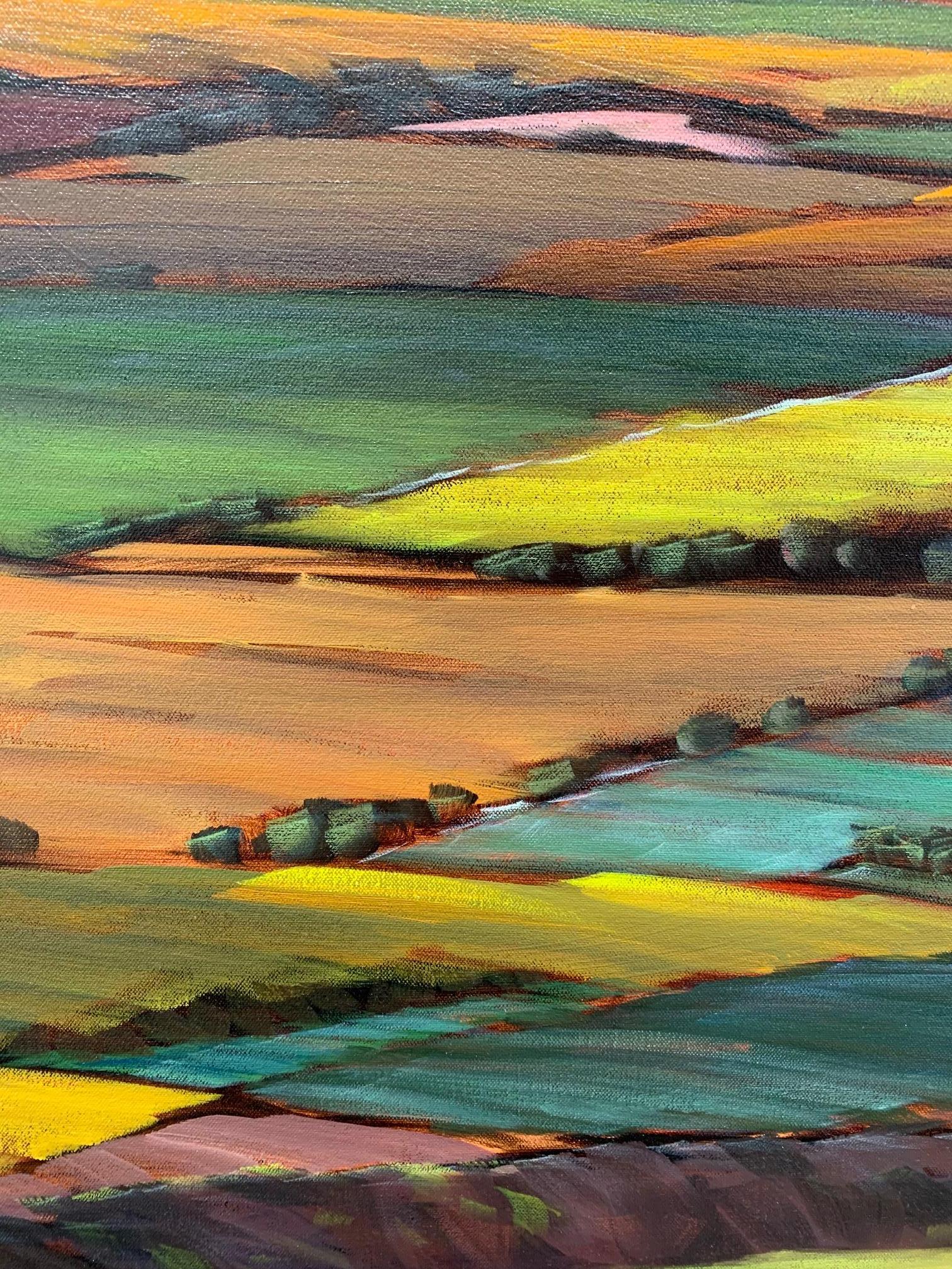 This contemporary, traditional, vast prairie landscape, depicts a beautiful patchwork pattern on the landscape, like the view plane passengers see from the sky.

Ross Penhall is a disciplined and prolific artist who has exhibited annually since