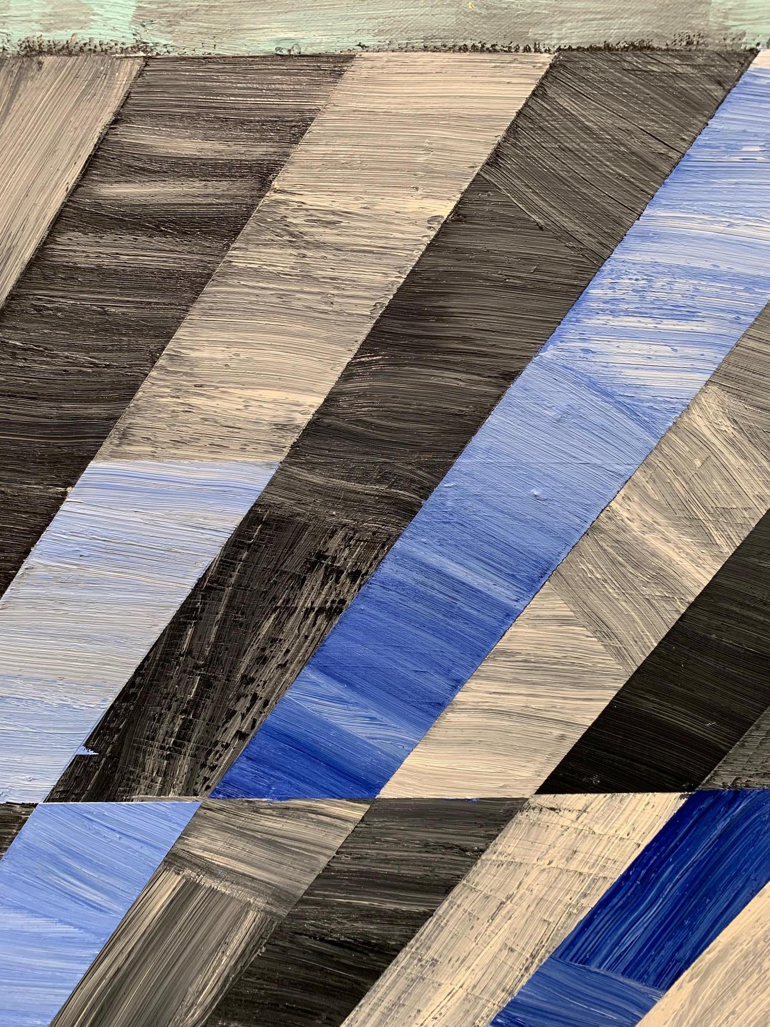 This contemporary, blue colour, geometric abstract painting, depicts a beautiful rhythmic grid of rectangular
shapes.

Jeff Depner received his BFA in design and illustration from Capilano University, Vancouver, Canada and has shown widely across