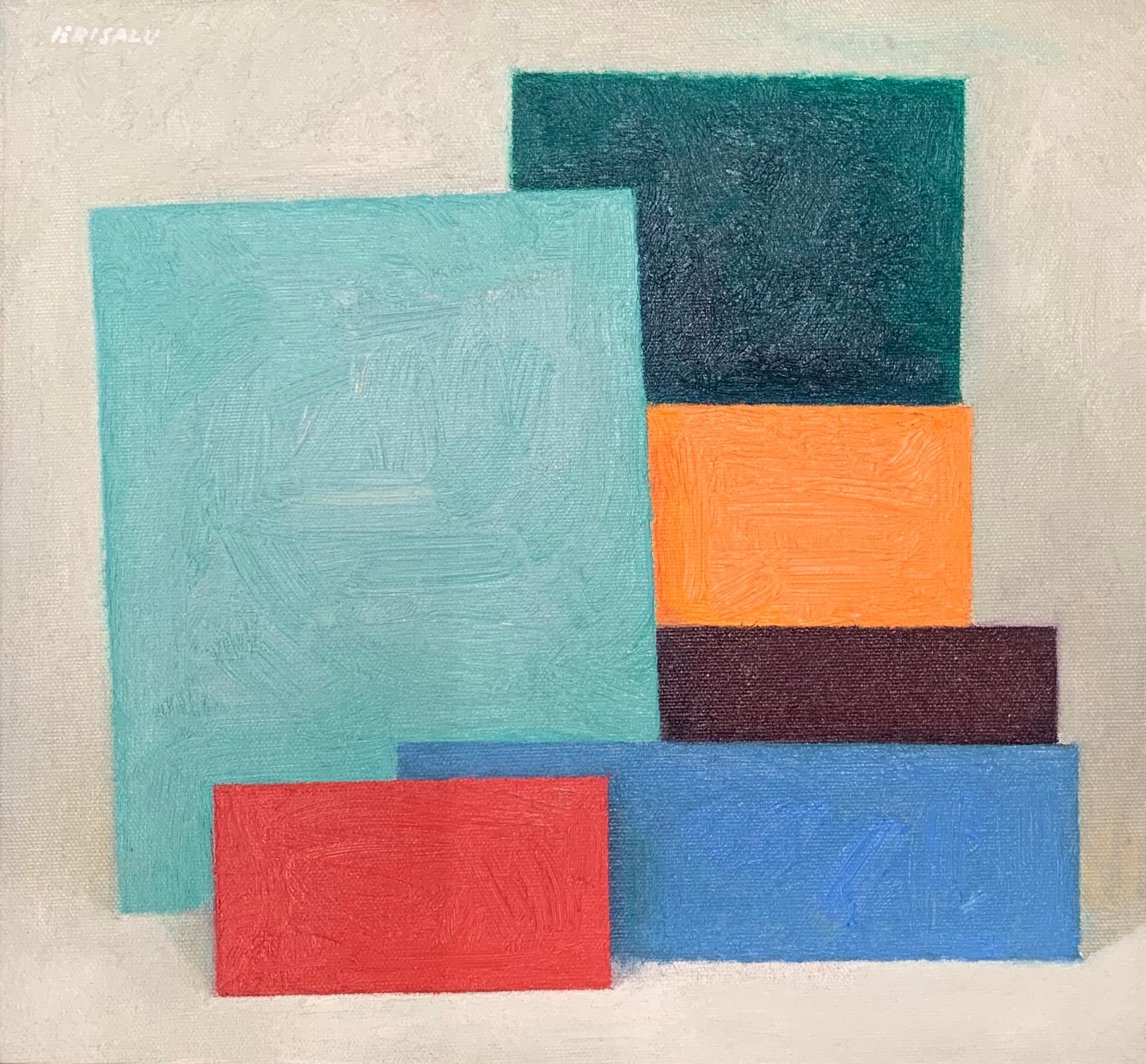 Enn Erisalu Still-Life Painting - "Untitled 6 Forms (Blues, Red and Orange), " Modern Art, Color- Blocking
