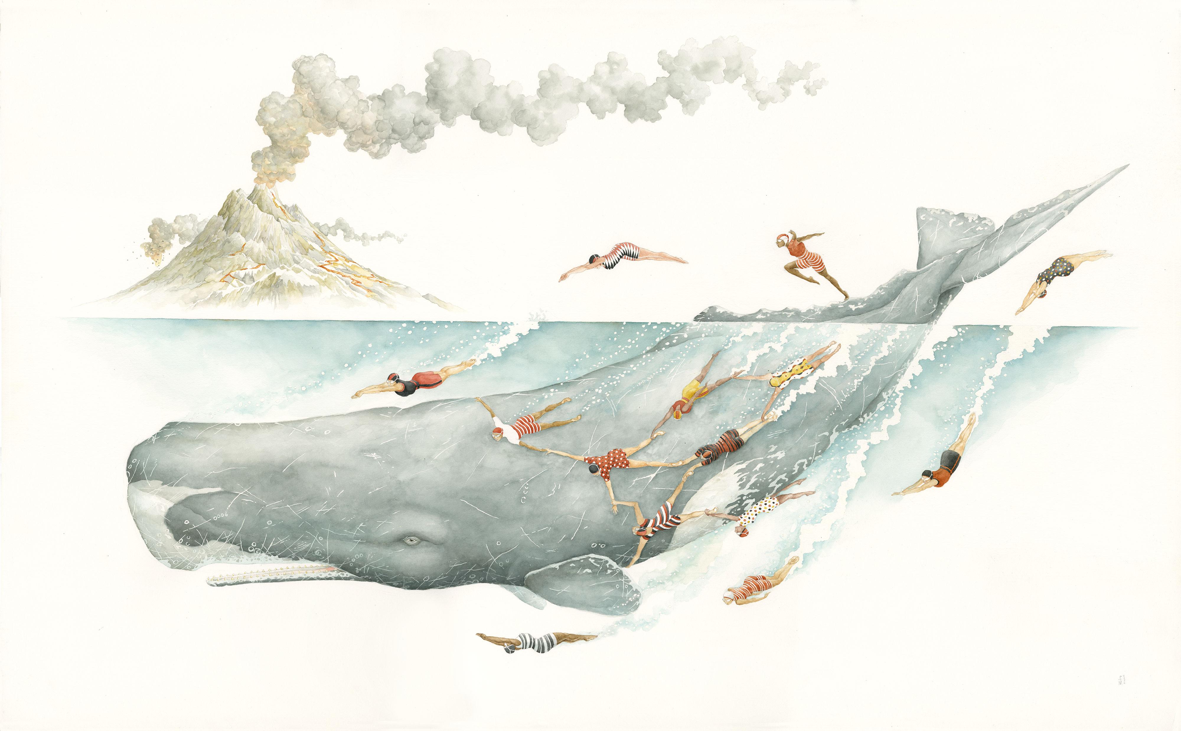 Paul Morstad Figurative Art - "Azores, Aquatic Club, " Animal, Figurative, Narrative, Watercolour On Paper