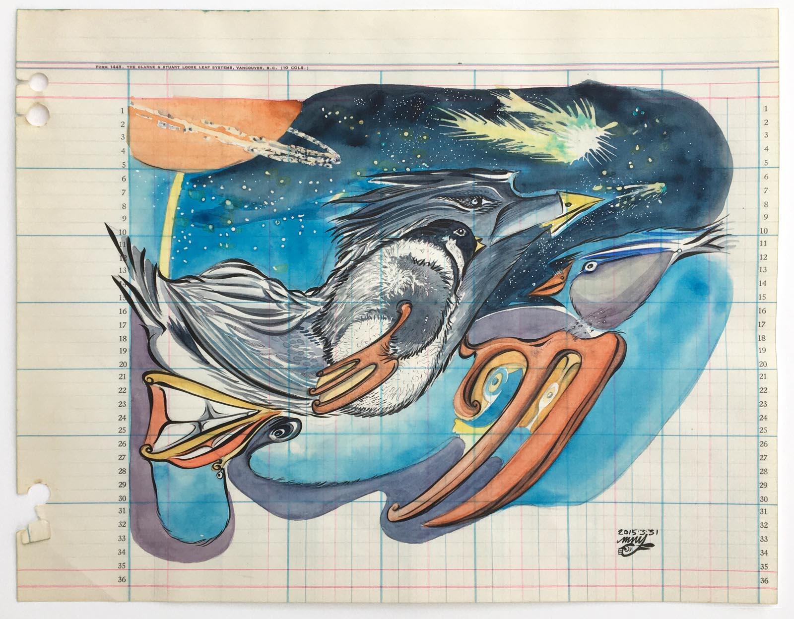 Michael Nicoll Yahgulanaas Animal Art - "Chicks at Sea, " Contemporary, Abstract, Pacific Northwest Artwork, On Paper