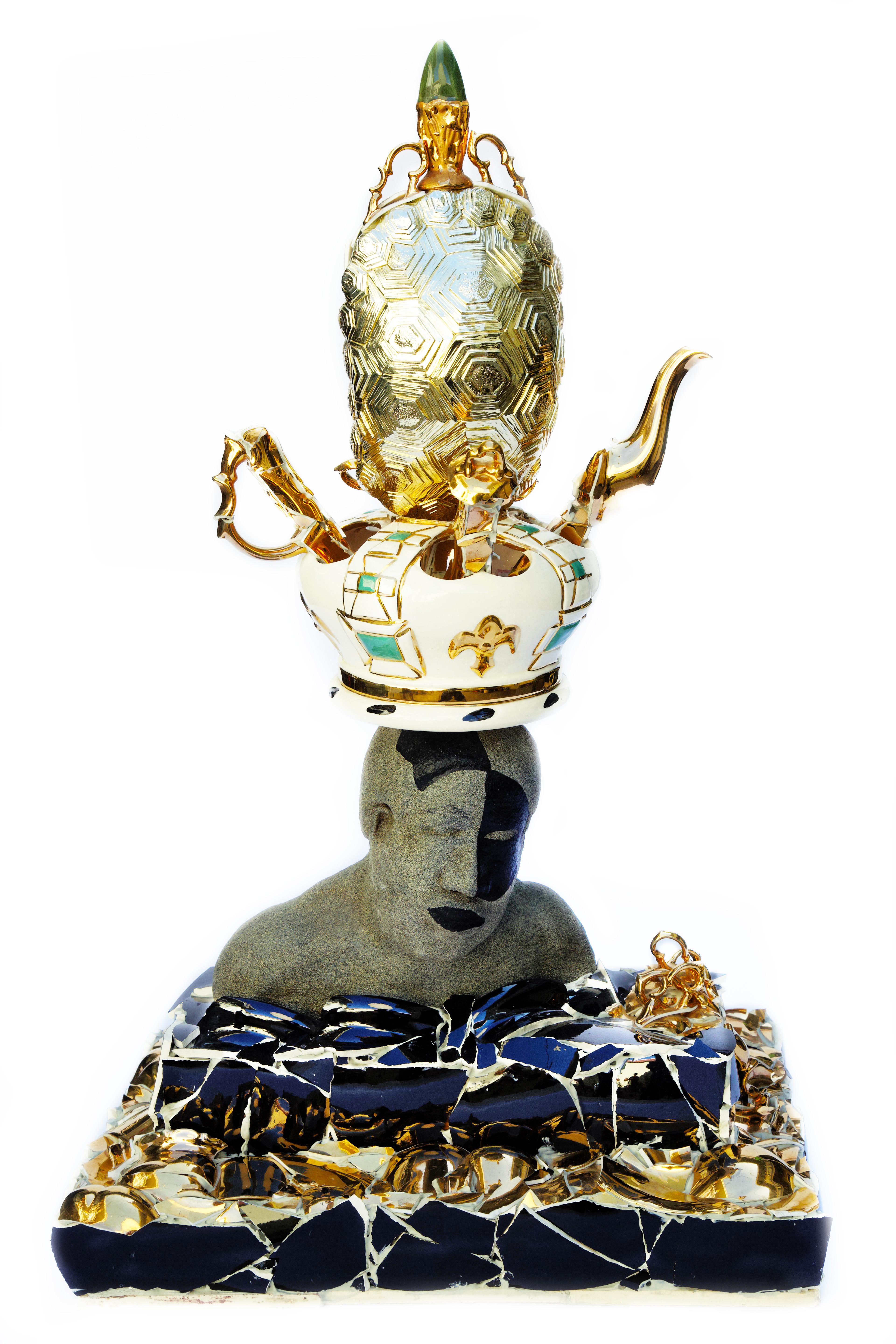 Chris Fraticelli Figurative Sculpture - "When I Am King", contemporary, sculpture, ceramic, gold, blue, black, white