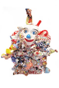 Everyone Wears A Clown Mask, contemporary, sculpture, ceramic, yellow, blue, red