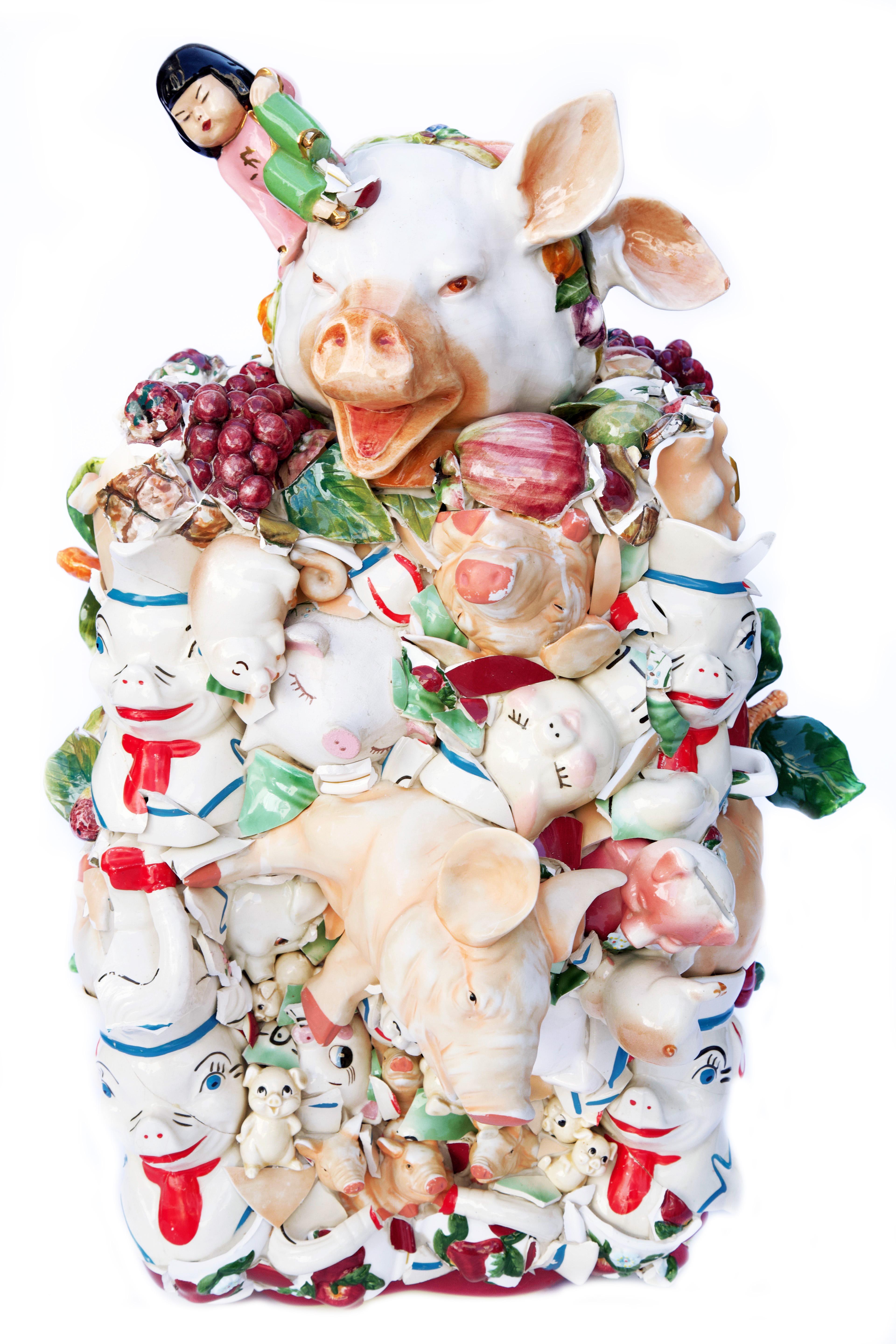 Chris Fraticelli Figurative Sculpture - You Are The Pigs, contemporary, sculpture, ceramics, red, green, pink, white