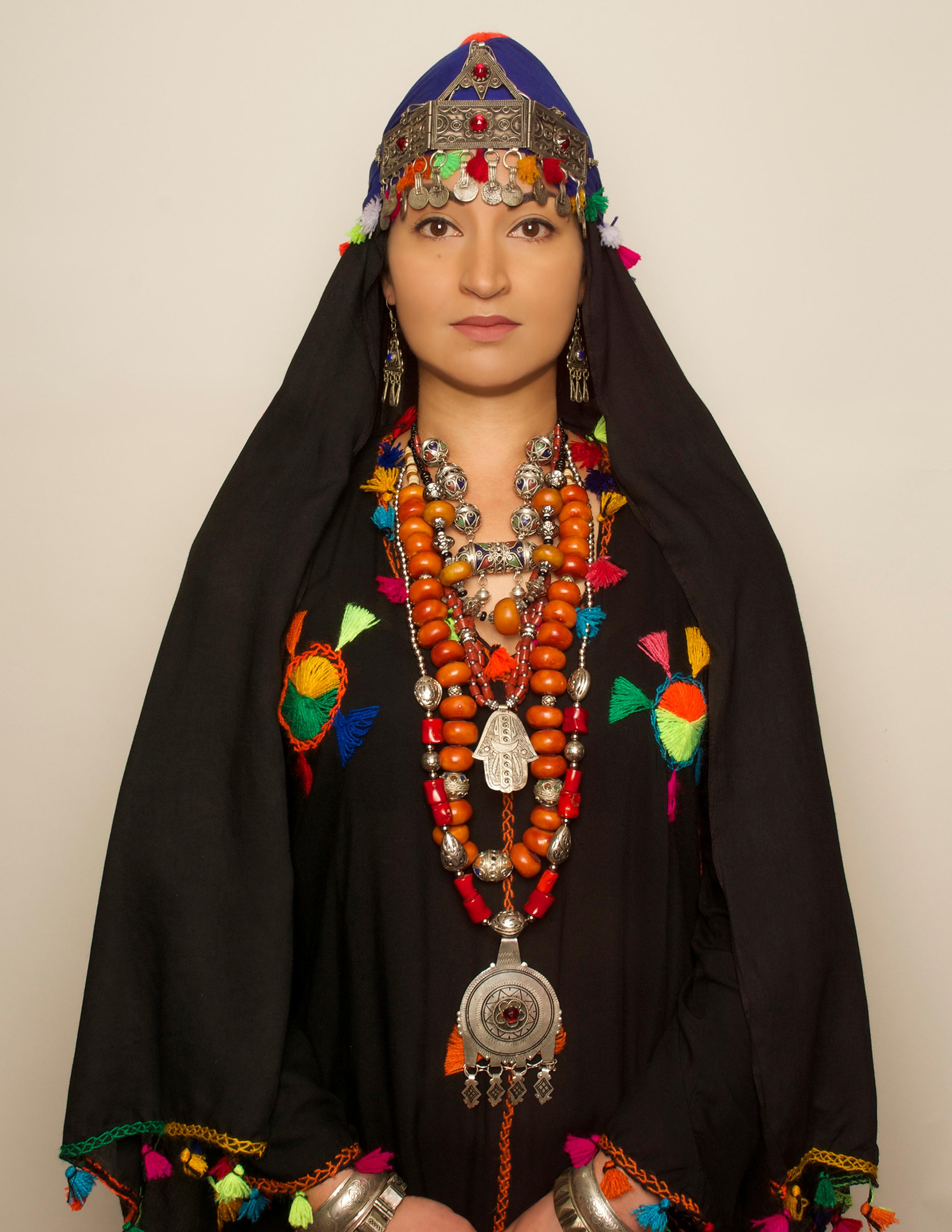 Sheinina L. Raj Figurative Photograph - Moroccan Woman, contemporary, photography, selfportairture, green, yellow, pink