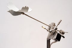 Used Territories, contemporary, sculpture, bird, kinetic, white, metal 