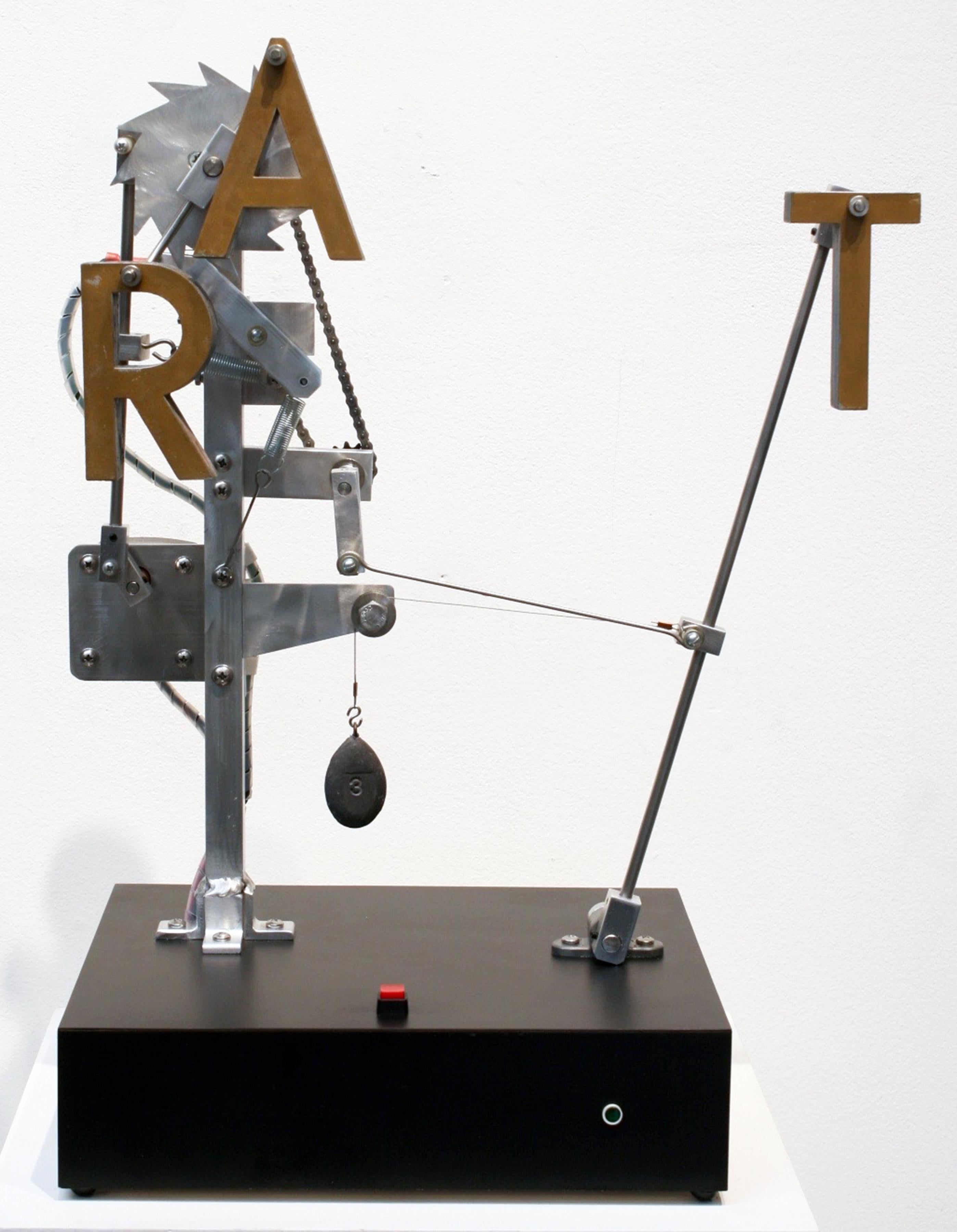 Jim Jenkins’ “ART RAT” is a contemporary electronic, motor-operated sculpture, made with aluminum and vintage pieces measuring 22” x 18” x 10”. By pressing the red button, the letters change from “ART” to “RAT” and back to “ART”. Inspired by