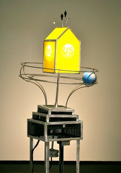 A World Around, contemporary, sculpture, kinetic, yellow, blue, metal