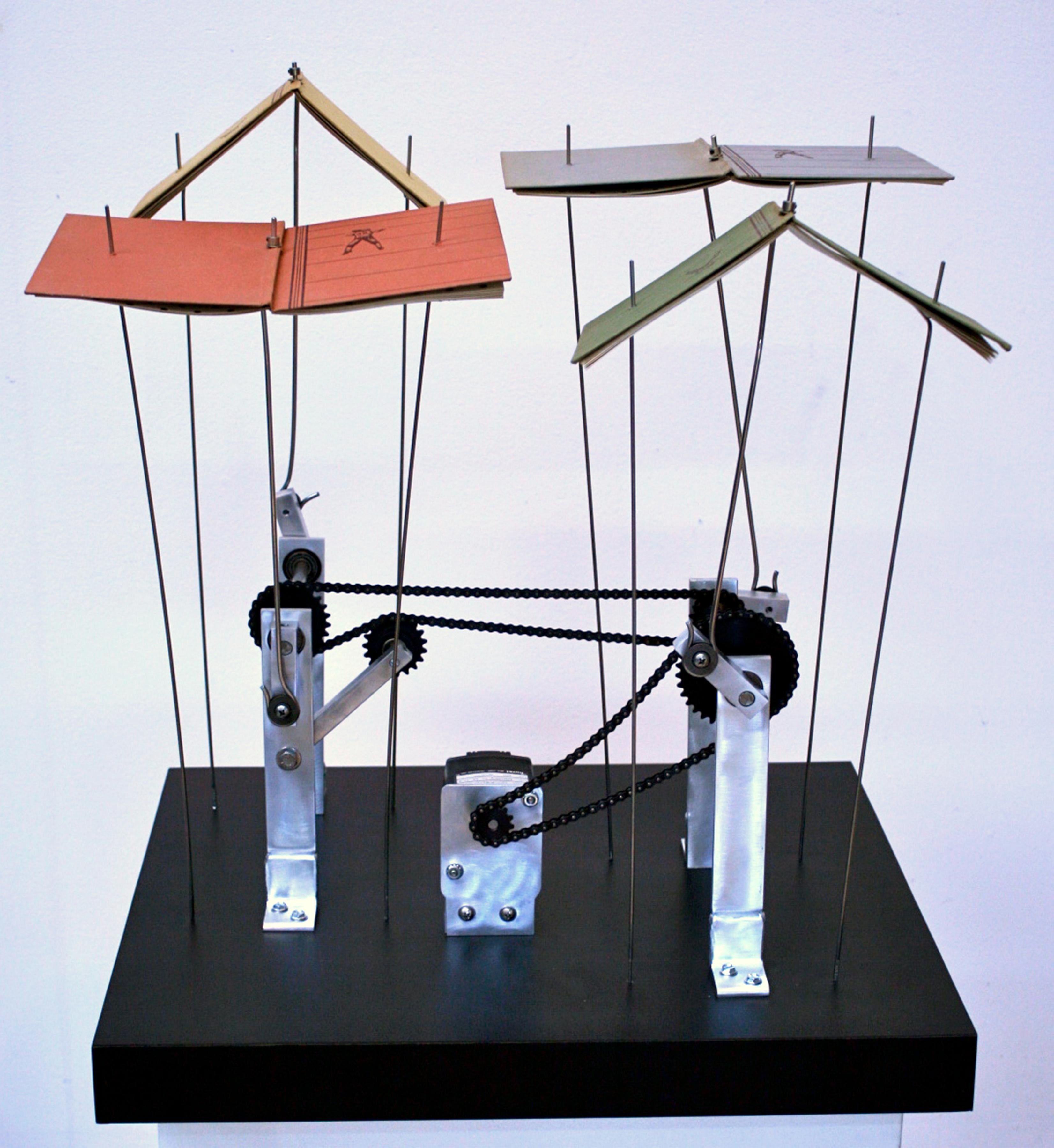 Motion Study: Books as Birds, contemporary, sculpture, kinetic, green, red - Sculpture by Jim Jenkins