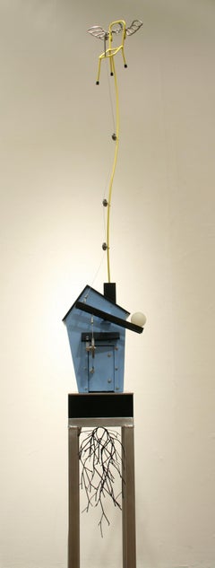 Angel Seat, contemporary, sculpture, yellow, blue, metal, kinetic