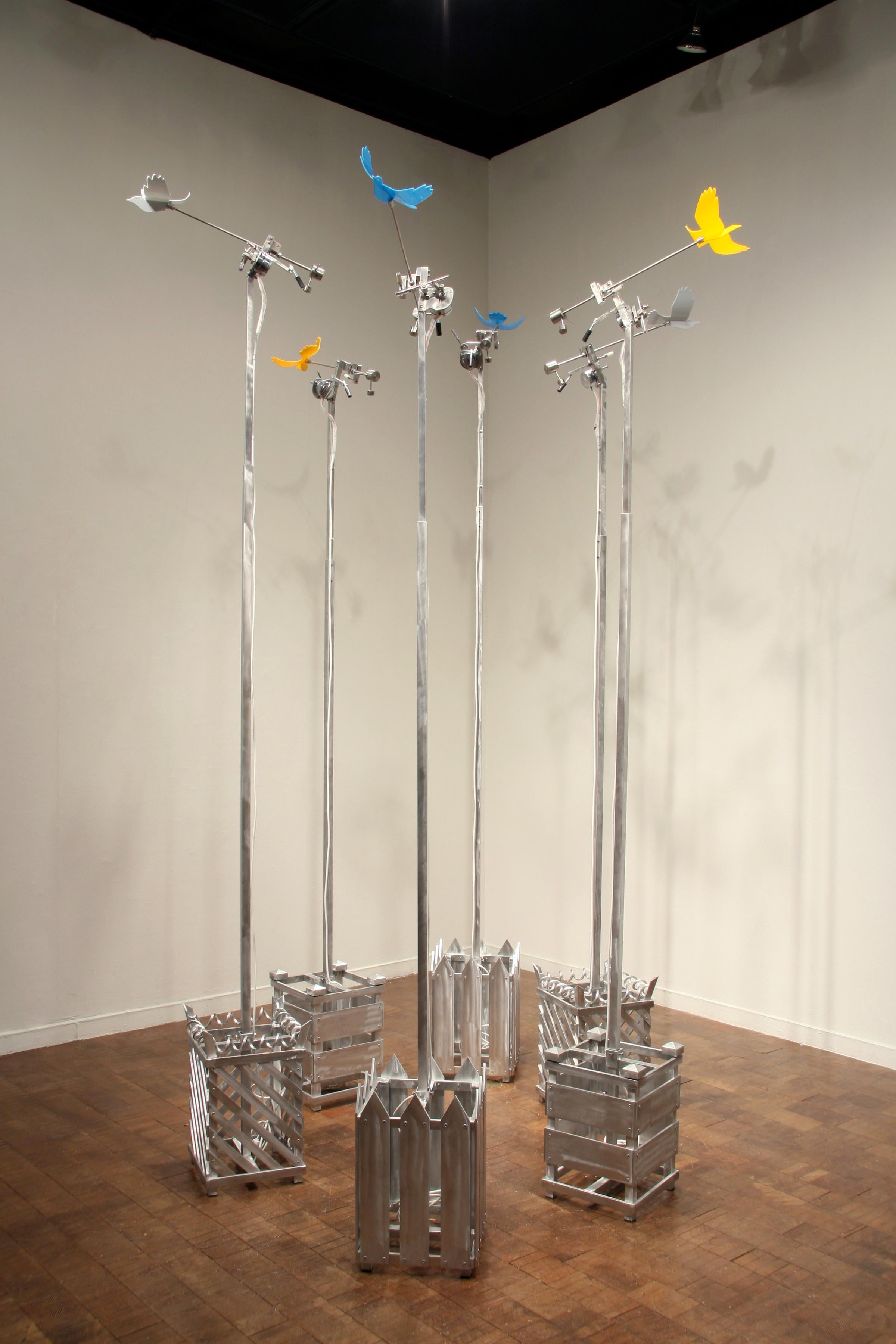 Jim Jenkins’ “Territories” is a contemporary,  kinetic electronic, motor-operated sculpture made with  aluminum, Yellow plexiglass and brass. Each individual piece measures 105 - 130