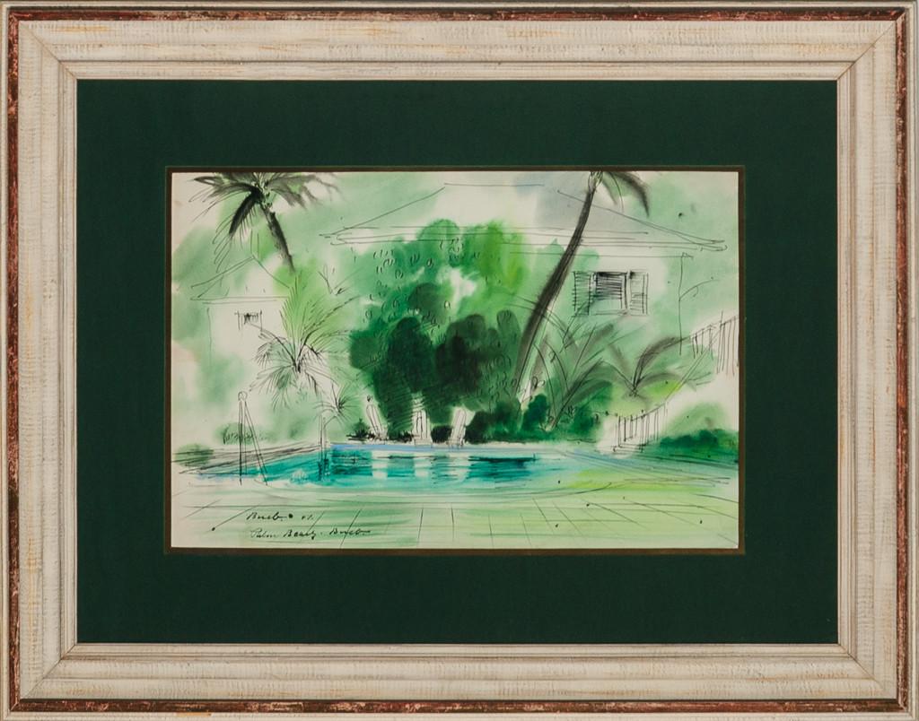 Aquarelle originale datant de 1947 d'une piscine tropicale de Palm Beach réalisée par le célèbre artiste et architecte allemand Franz Bueb (1919-1982) qui a dessiné les couvertures des magazines Town & Country. Il était l'ami de Mme Jacqueline