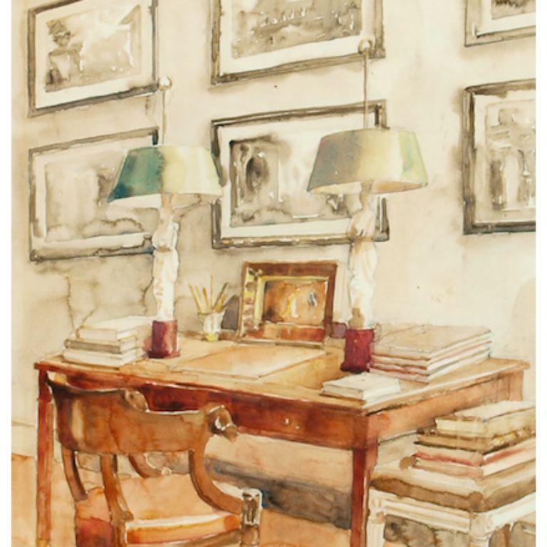 Library Salon Interior Watercolour by Allen Townsend Terrell For Sale 4