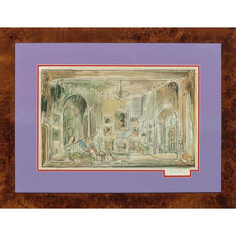 Originales Aquarell von Cecil Beaton (signiert LR) für die zweite Fassung von Beatons Theaterstück "The Gainsborough Girls", ca. 1951, mit dem Titel "Landscape with Figures" (Landschaft mit Figuren) mit Angela Baddeley und Laurence Hardy in den