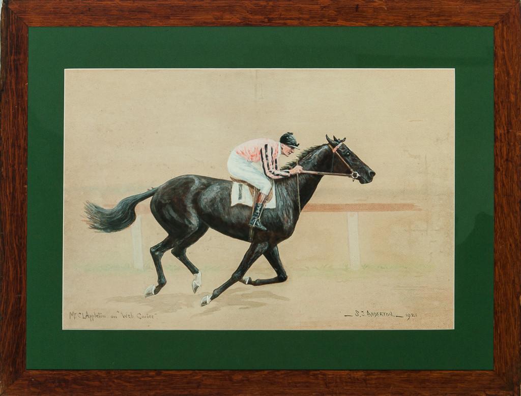 Classic horse racing watercolour & gouache by S.J. Anderton 1921 depicting Mr C.L. Appleton (jockey) in the salmon & black colours of Mrs Payne Whitney's Greentree Stables up on 'Web Carter'

Art Sz: 14