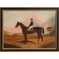 'Chestnut Racehorse w/ Jockey Up' 1874 Oil on Canvas by C. Partridge