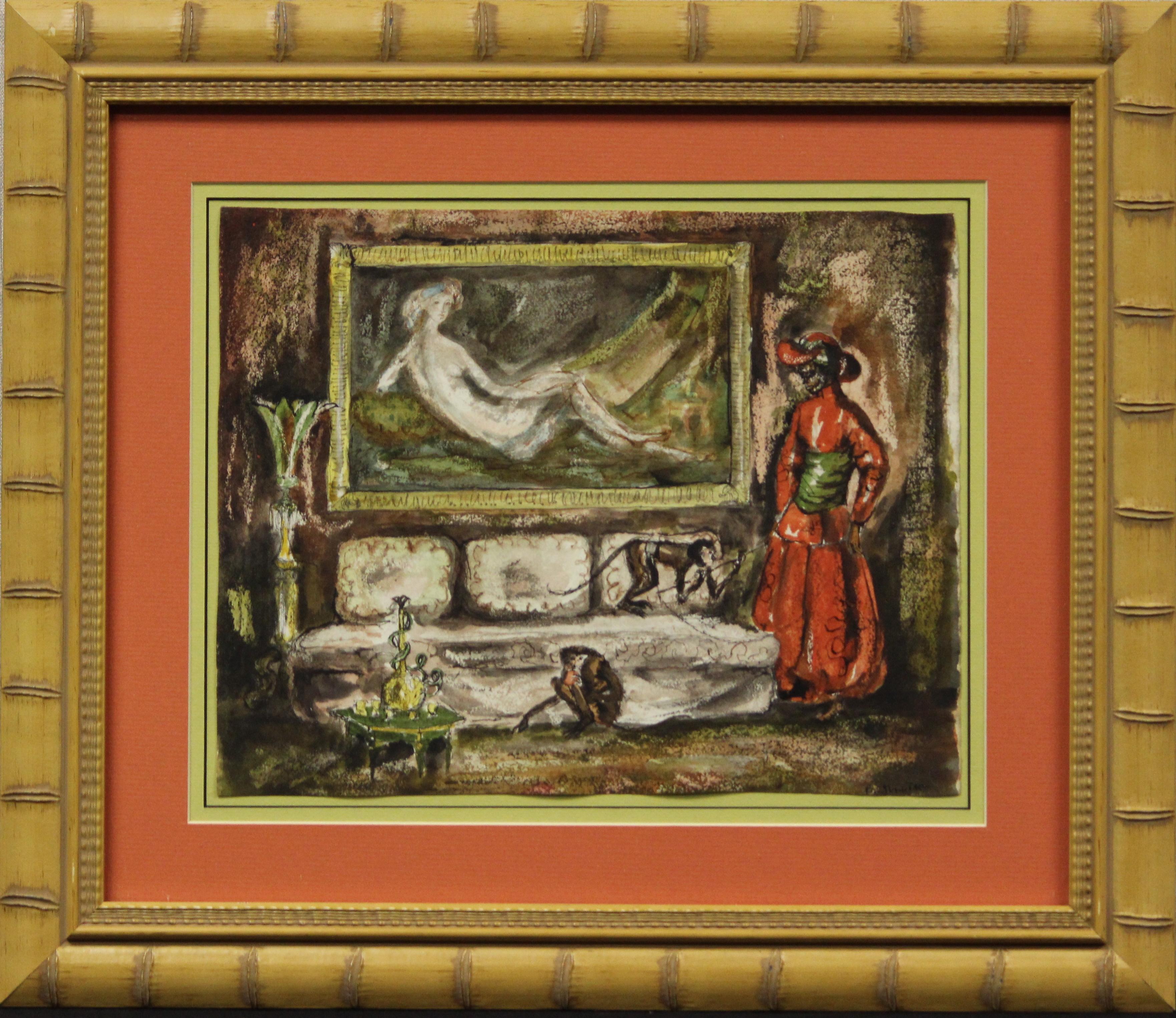 Elegant et fabuleusement rare, aquarelle originale de Philippe Jullian (1919-1977) (encre signée LR) représentant un somptueux intérieur de salon d'opium mauresque avec un portrait de nu allongé sur le mur et deux singes avec leur manipulateur