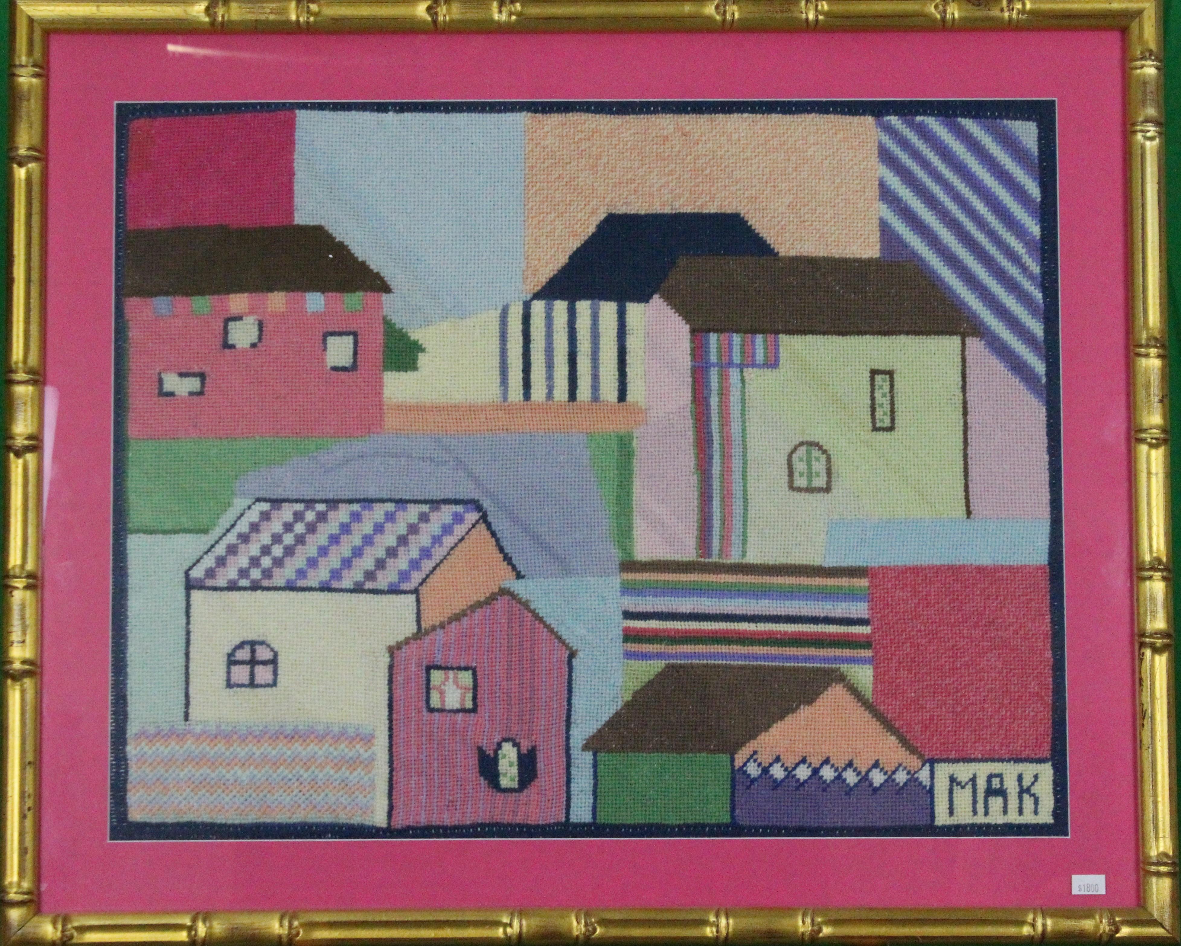 Pastel Cluster of c1960s Needlepoint Bermuda Houses - Art by MAK