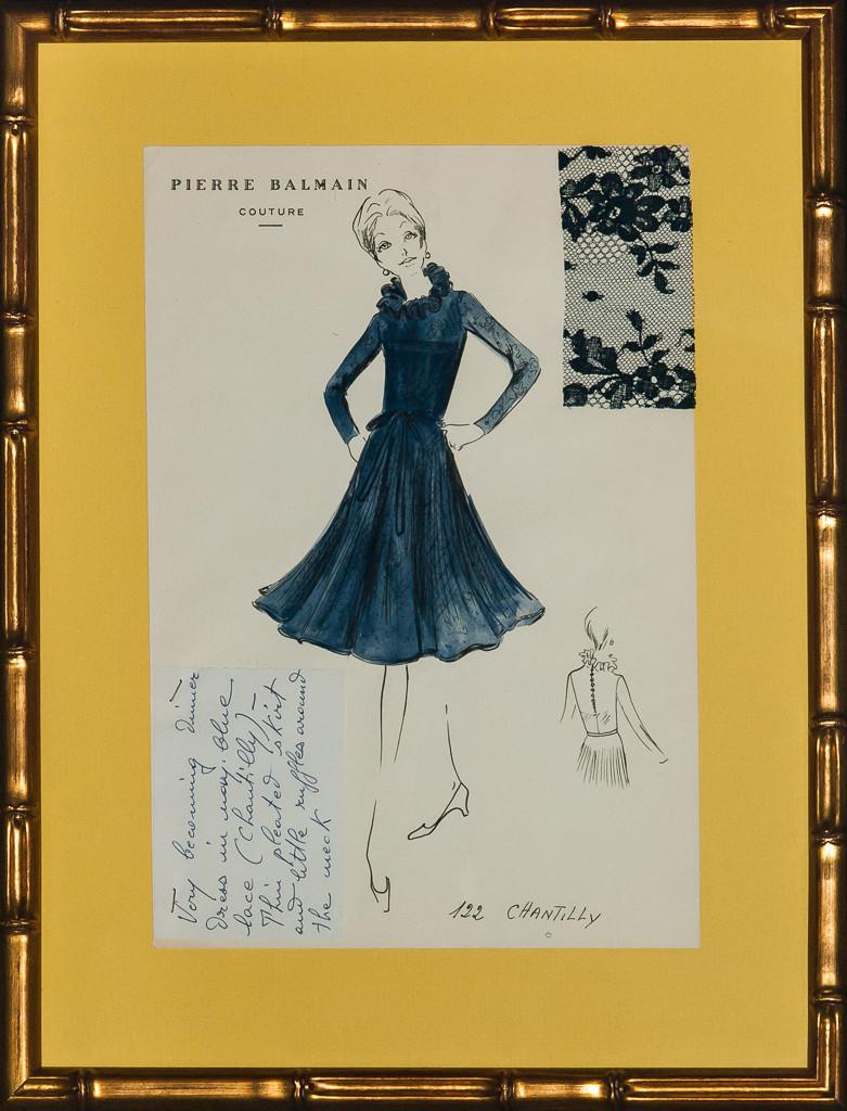 Chic original watercolour couture fashion sketch replete w/ lace fabric swatch & note attached (LL) from the Paris atelier of Pierre Balmain c1960s!

Plate: 12 1/4