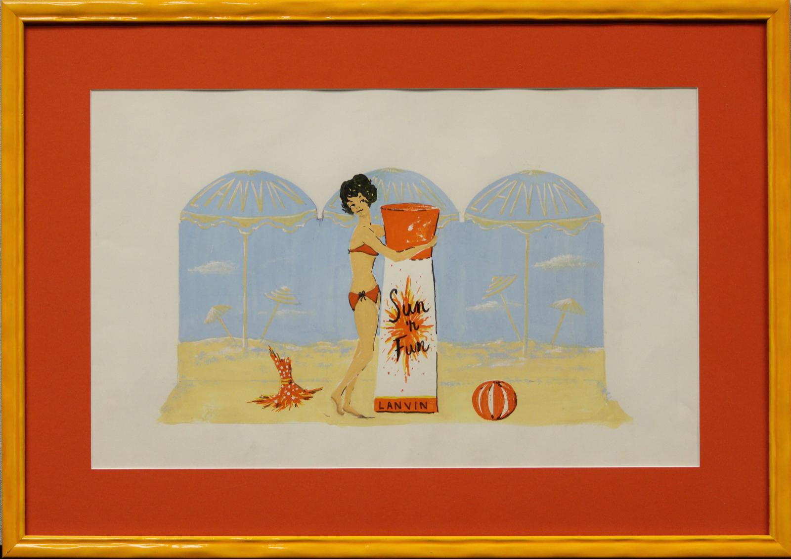 Original-Werbe-Illustration von Alexander Warren Montel (1921-2002) aus den 1950er Jahren für Lanvin am Pariser Place Vendome, um für die Sonnencreme zu werben, die ein Mädchen im Bikini zeigt, das die Tube drückt

Kunst Sz: 11 1/2 "H x 18 1/2