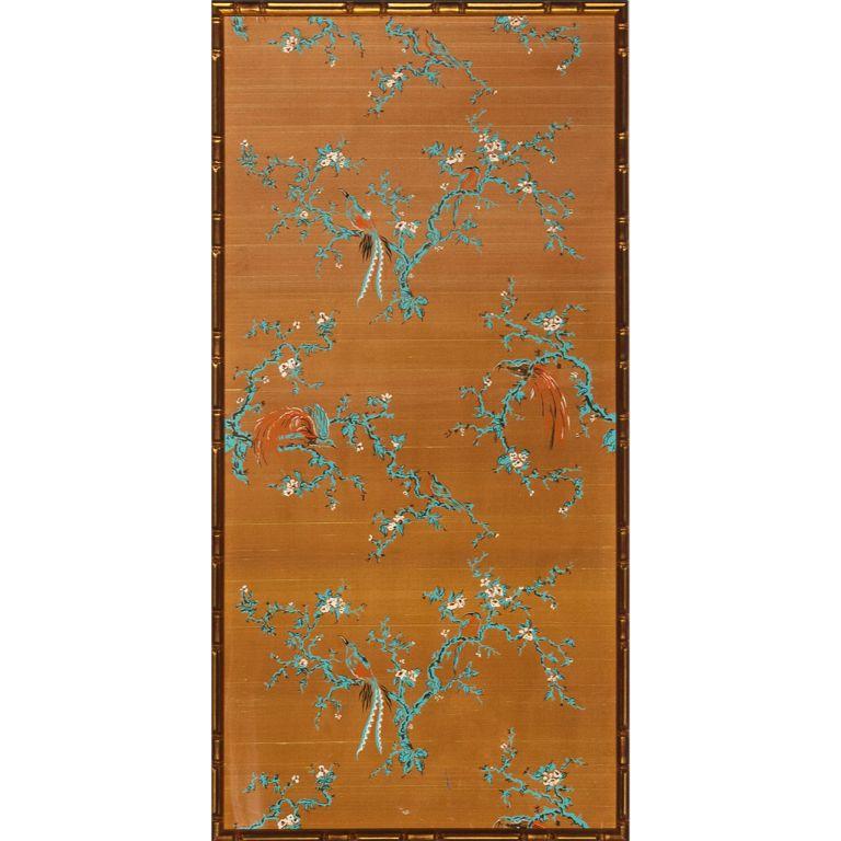 Lovely Chinese silk botanical fabric framed in gilt bamboo frame

Art Sz: 53 1/4