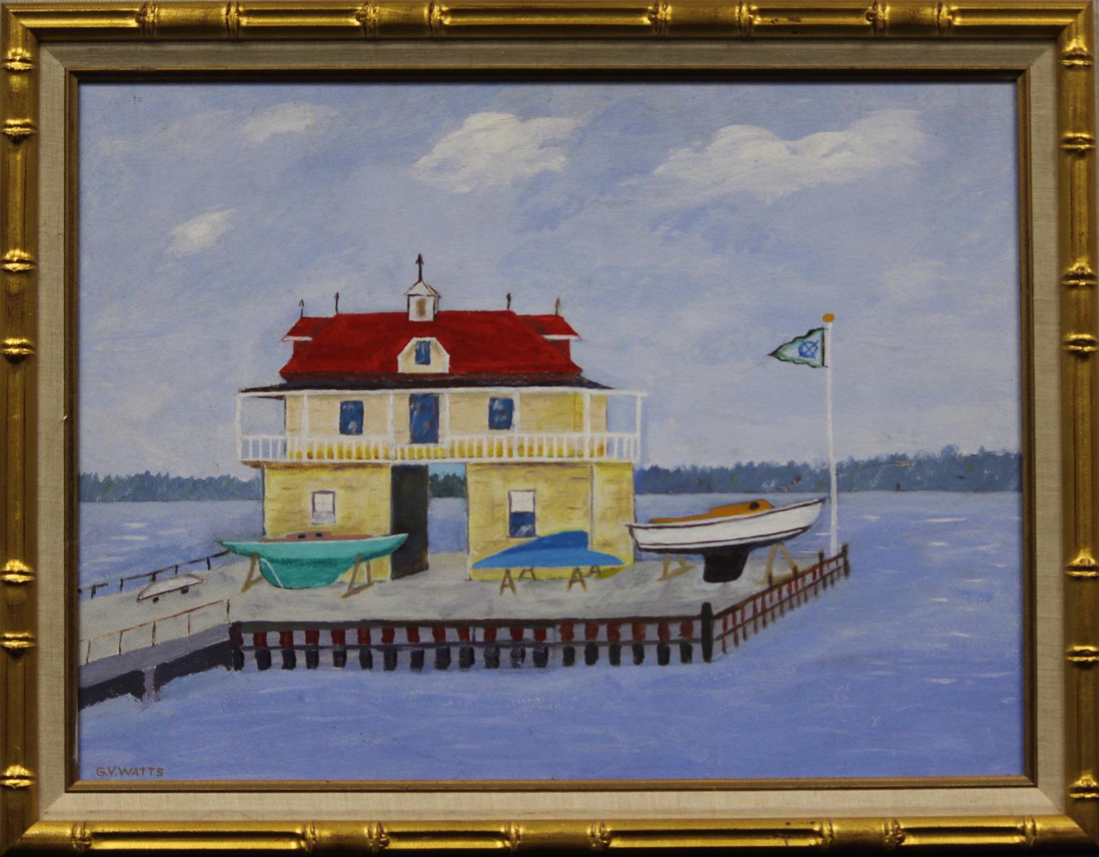 G.V. Watts Landscape Painting – „Yacht Club Boathouse“ von G.V. WATT