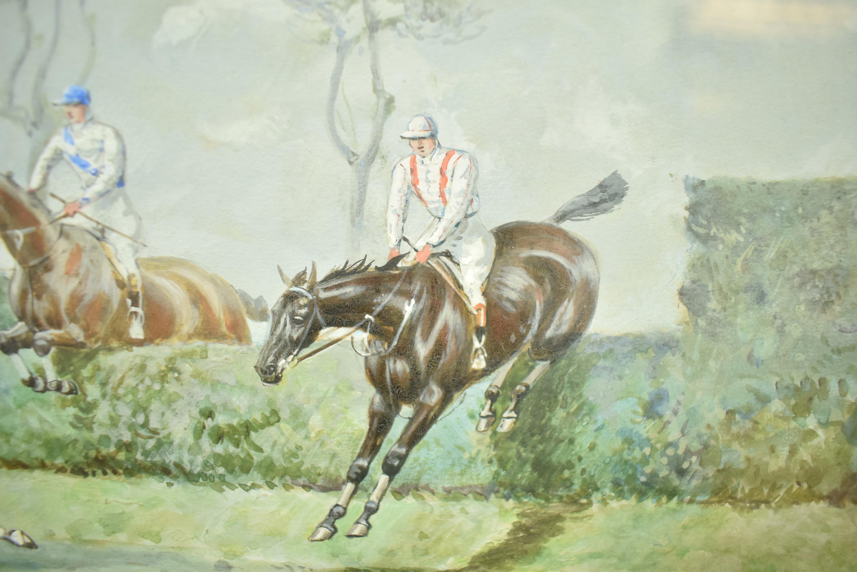Classic steeplechase gouache by John Beer (1860-1930) signed (LL) of 'The Grand Military Gold Cup, Sandown Park 1905

Art Sz: 9 3/4