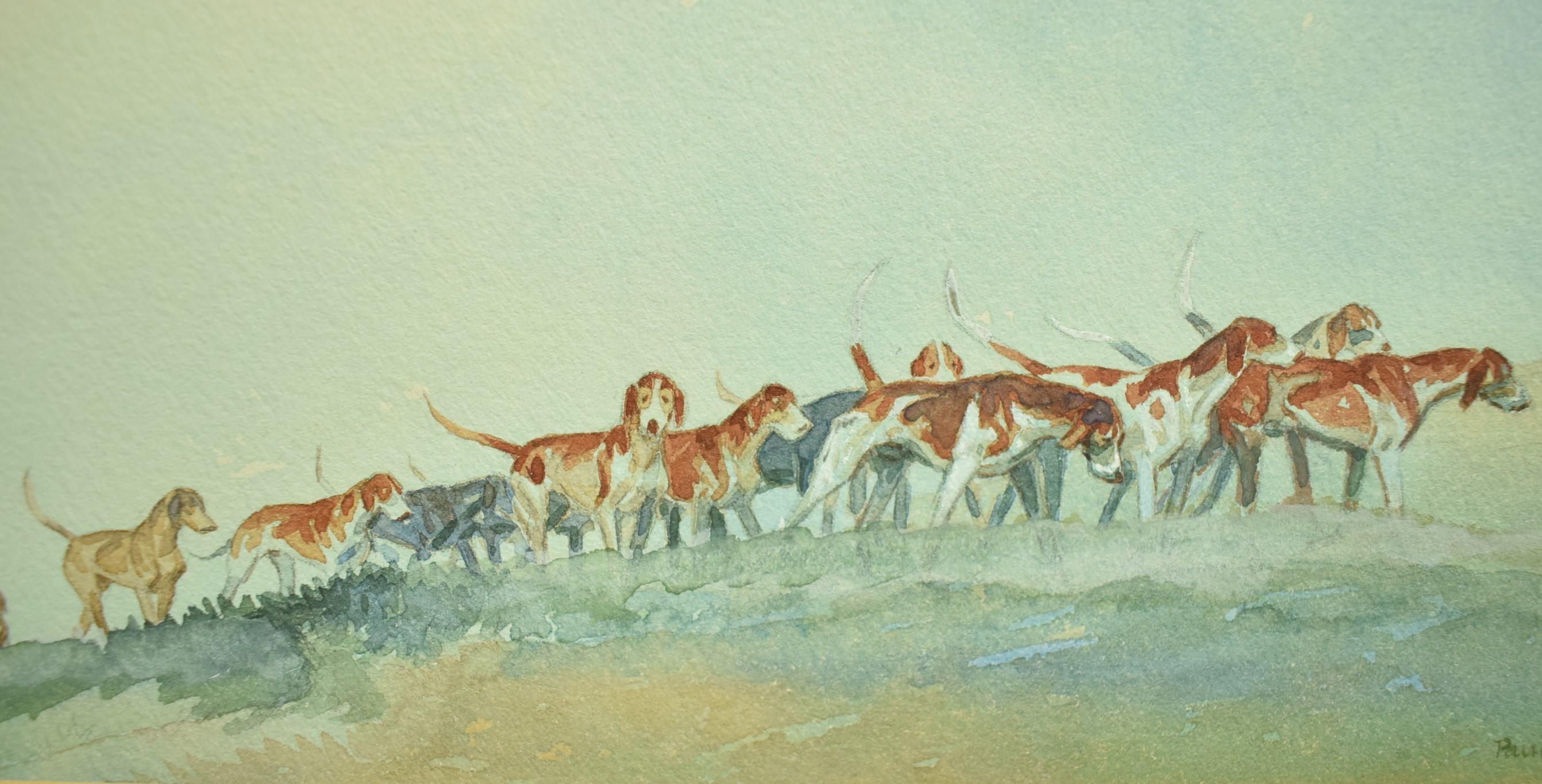 Brown Huntsman w/ Pack of Hounds c1937 Watercolour For Sale 2