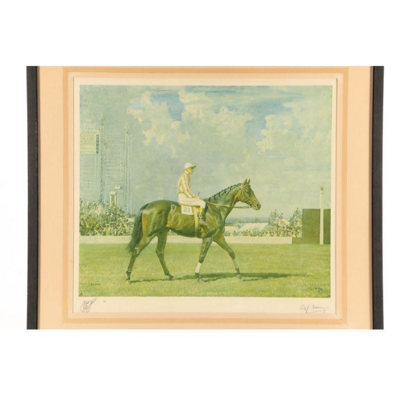Sir Alfred James Munnings (England; 1878 – 1959)
Solario
Lithograph on paper
Signed to lower right margin, Signed in plate
Numbered 25 out of an edition of 40
Hand drawn remarque image of saddle to lower left margin
Numbered within a blind