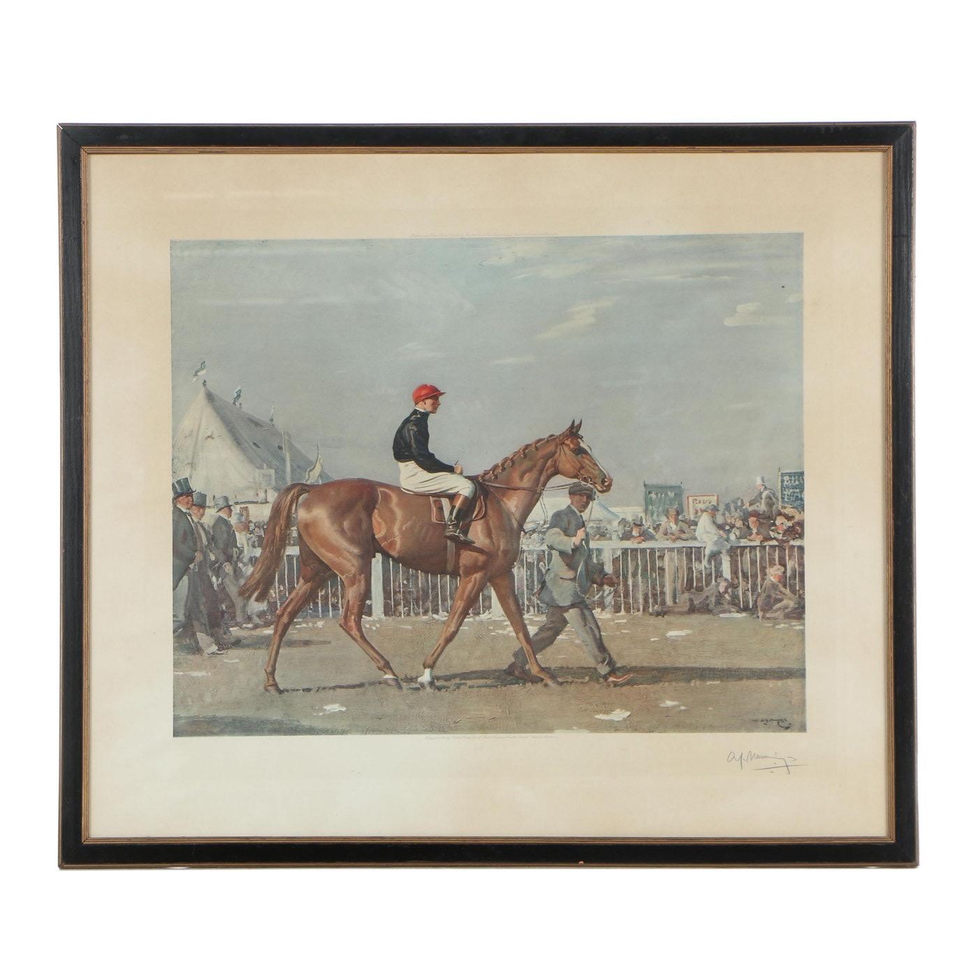 Sir Alfred J Munnings (England, 1878-1959)
"Humorist" and Donoghue Going out for the Derby, 1921

First State Impression
Frost & Reed London 1924 
Pencil signed lower right
Label affixed to verso

Print Sz: 17"H x 22"W
Frame Sz: 25.75"H x 29.75"W