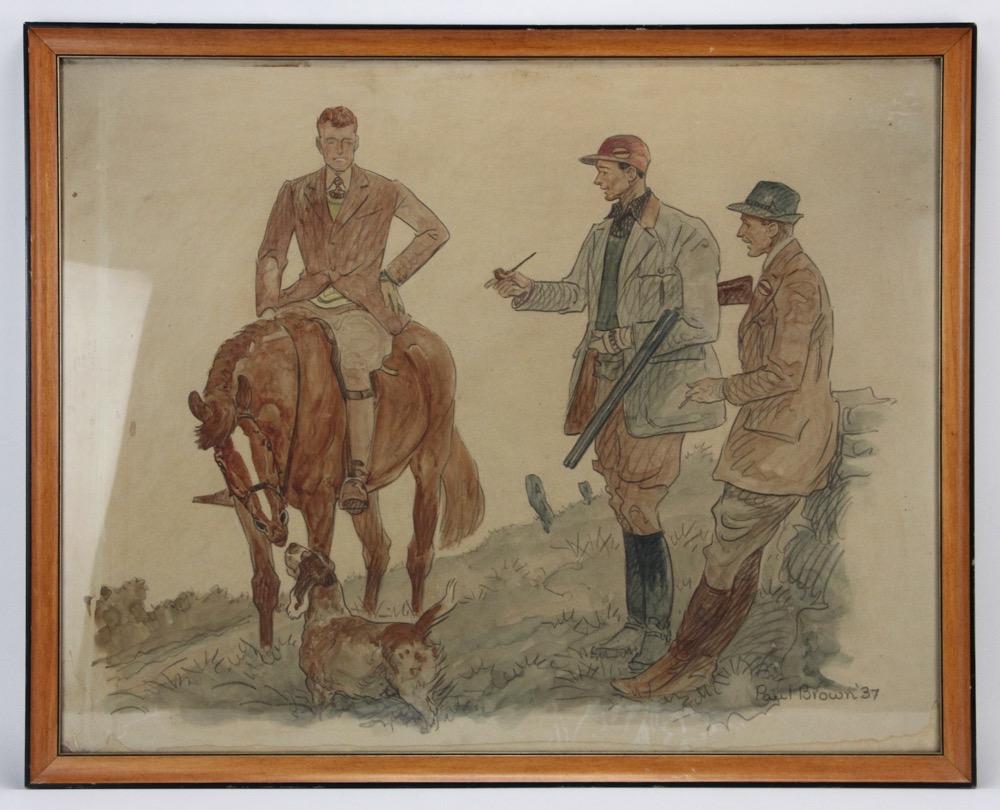 Hunters & Hound Watercolour & Ink on Paper 1937 by Paul Desmond Brown For Sale 1