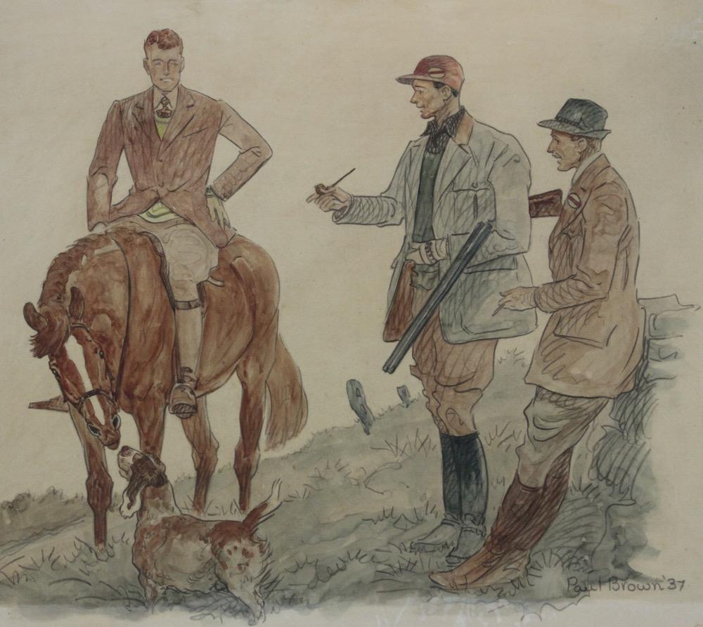 Hunters & Hound Watercolour & Ink on Paper 1937 by Paul Desmond Brown For Sale 2
