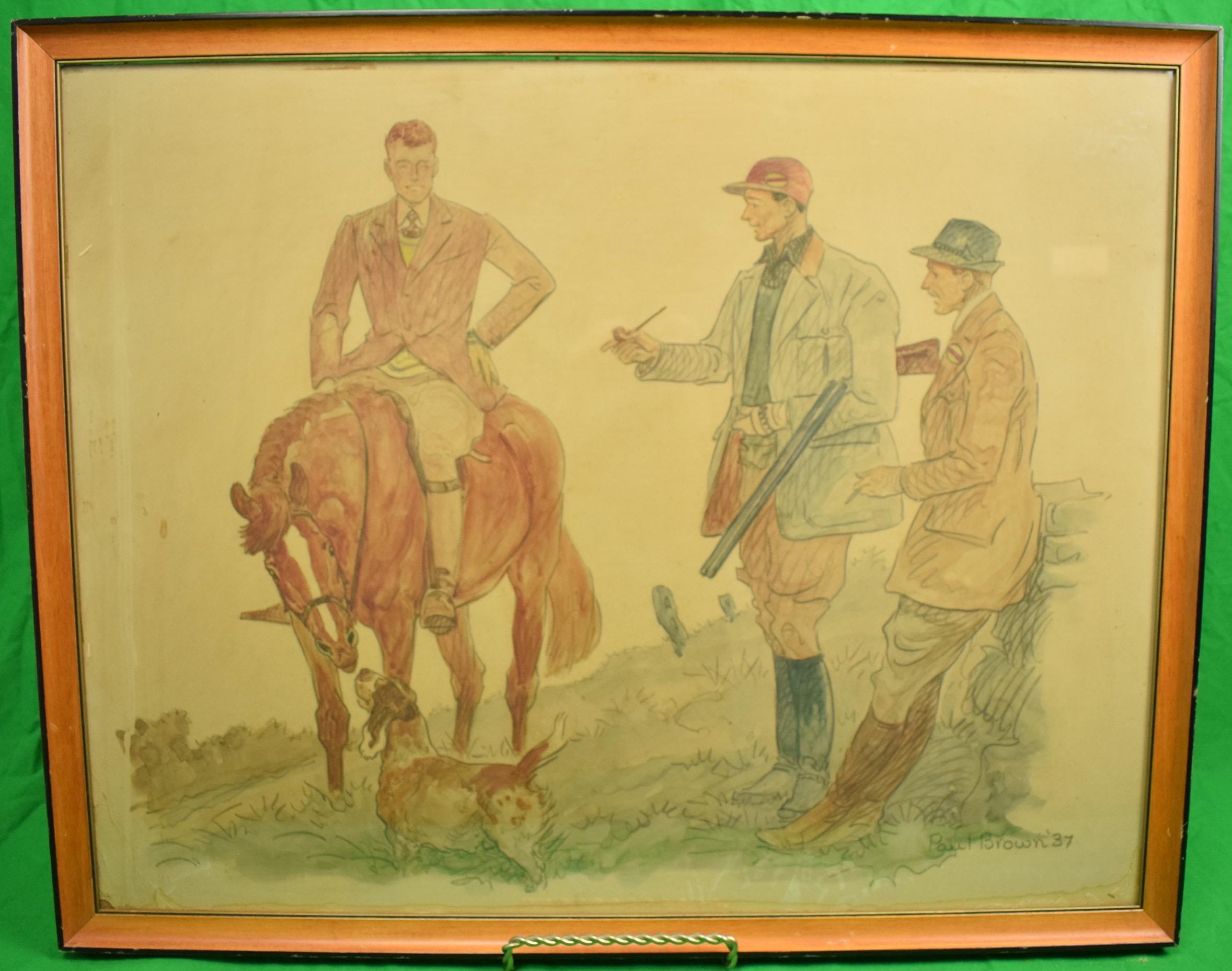 1937

Art Sz: 22"H x 28"W

Frame Sz: 24"H x 29 1/2"W

On Masonite Board

Paul Desmond Brown (American, 1893-1958), hunter on horseback with hound and two hunting companions, watercolor and ink on paper, signed and dated 1937 L/R 

Provenance: